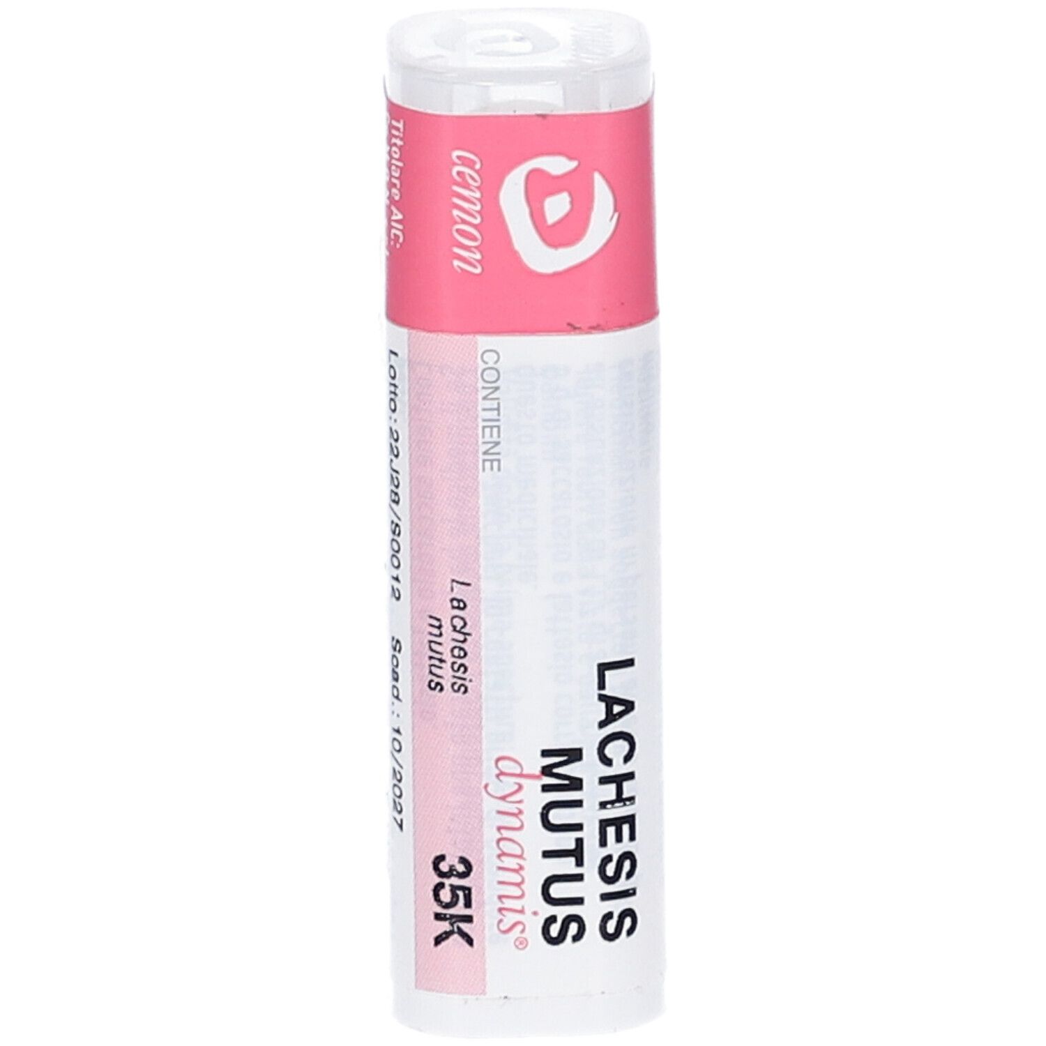 Confezione cilindrica con etichetta rosa e bianca. Scritta: Lachesis mutus 35K, Cemon. Codice a barre e altre informazioni.