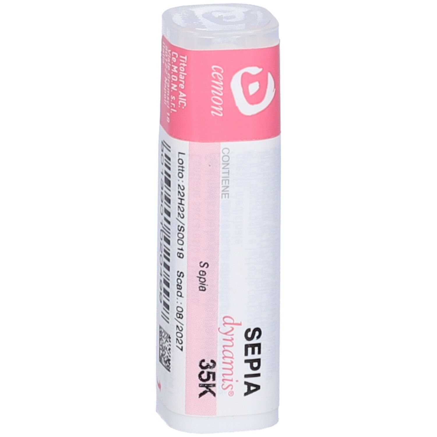 Confezione cilindrica con etichetta rosa. Scritta: cemon, Sepia 35K. Contiene granuli.