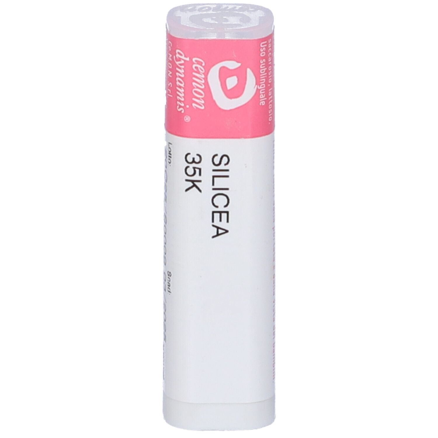 Confezione cilindrica con etichetta rosa. Scritta: Cemon, Silicea 35K. Istruzioni per l'uso.
