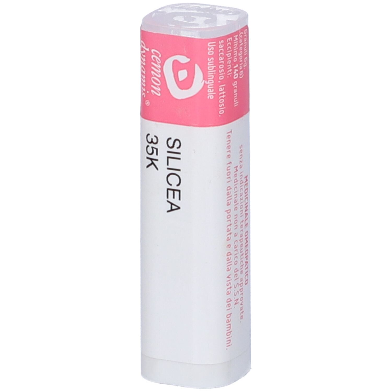Confezione cilindrica con etichetta rosa. Scritta: Cemon, Silicea 35K. Istruzioni per l'uso e ingredienti.