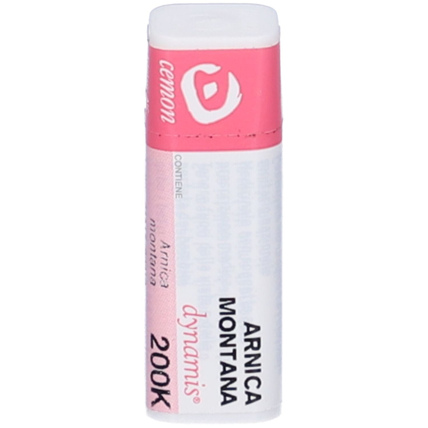 Confezione cilindrica con etichetta rosa e bianca. Scritta: Arnica Montana 200K dynamis, cemom.