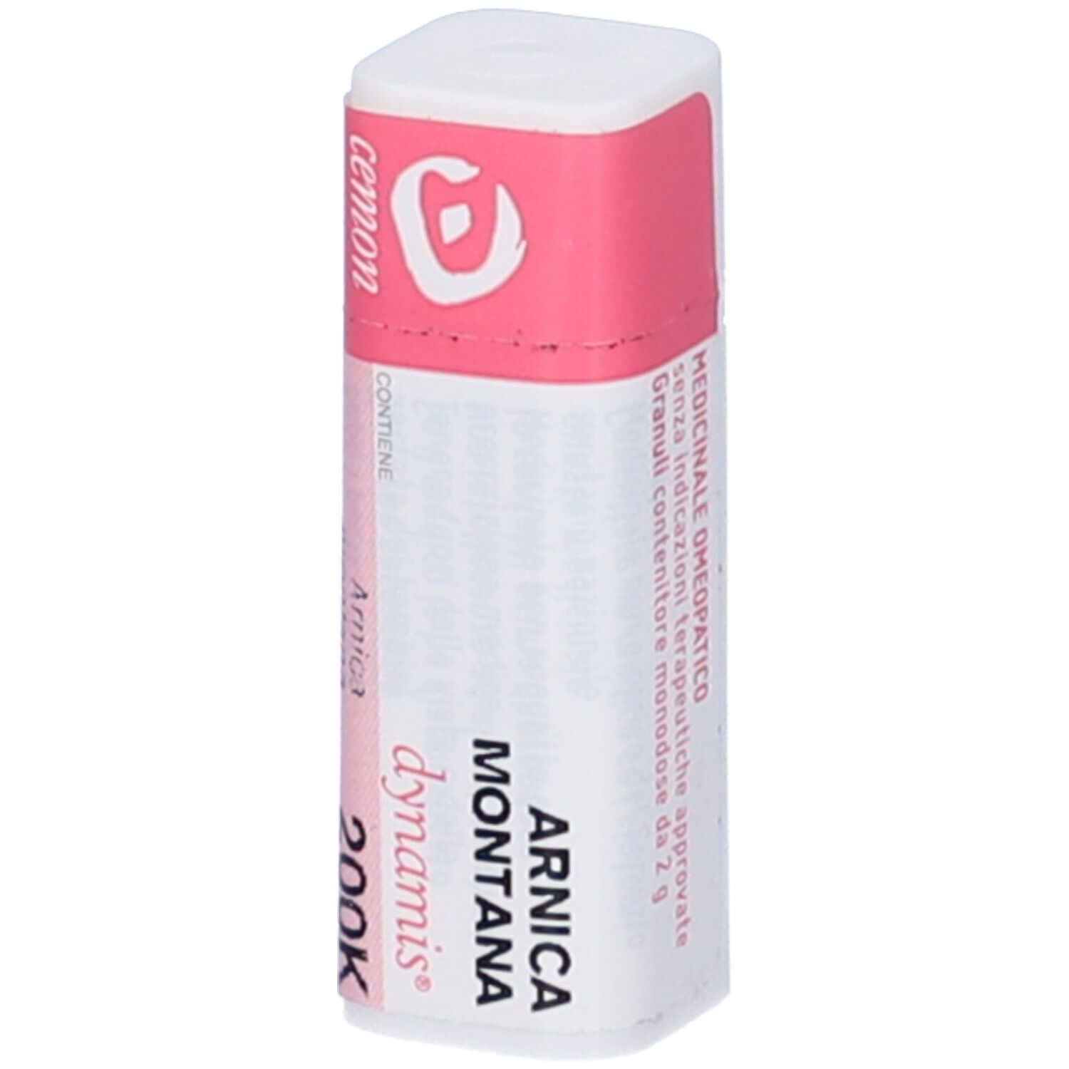 Confezione cilindrica con etichetta rosa e bianca. Scritta: Arnica Montana 200K dynamis, cemom.