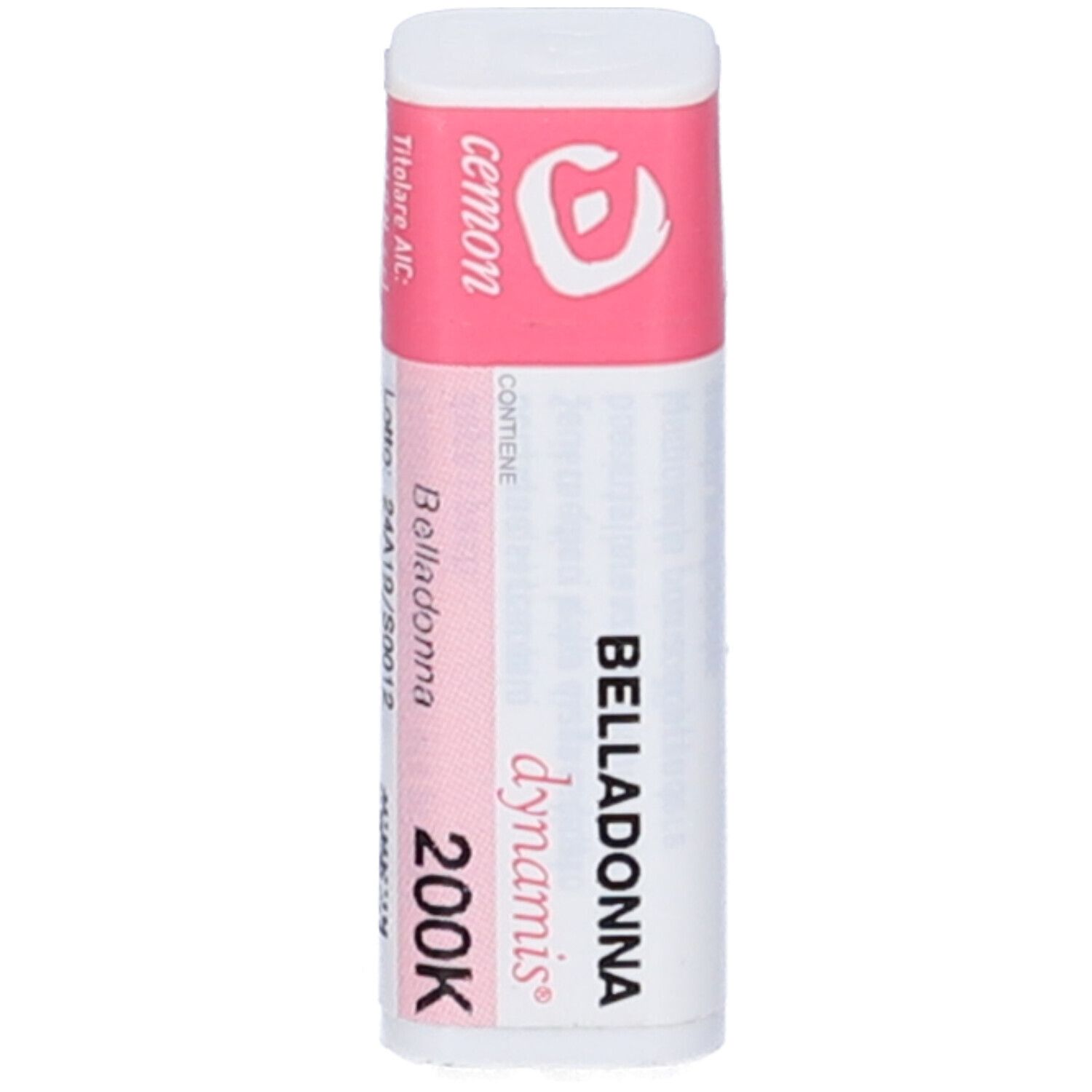 Confezione cilindrica. Etichetta rosa con nome prodotto Belladonna 200K, marchio dynamis. Tappo bianco.