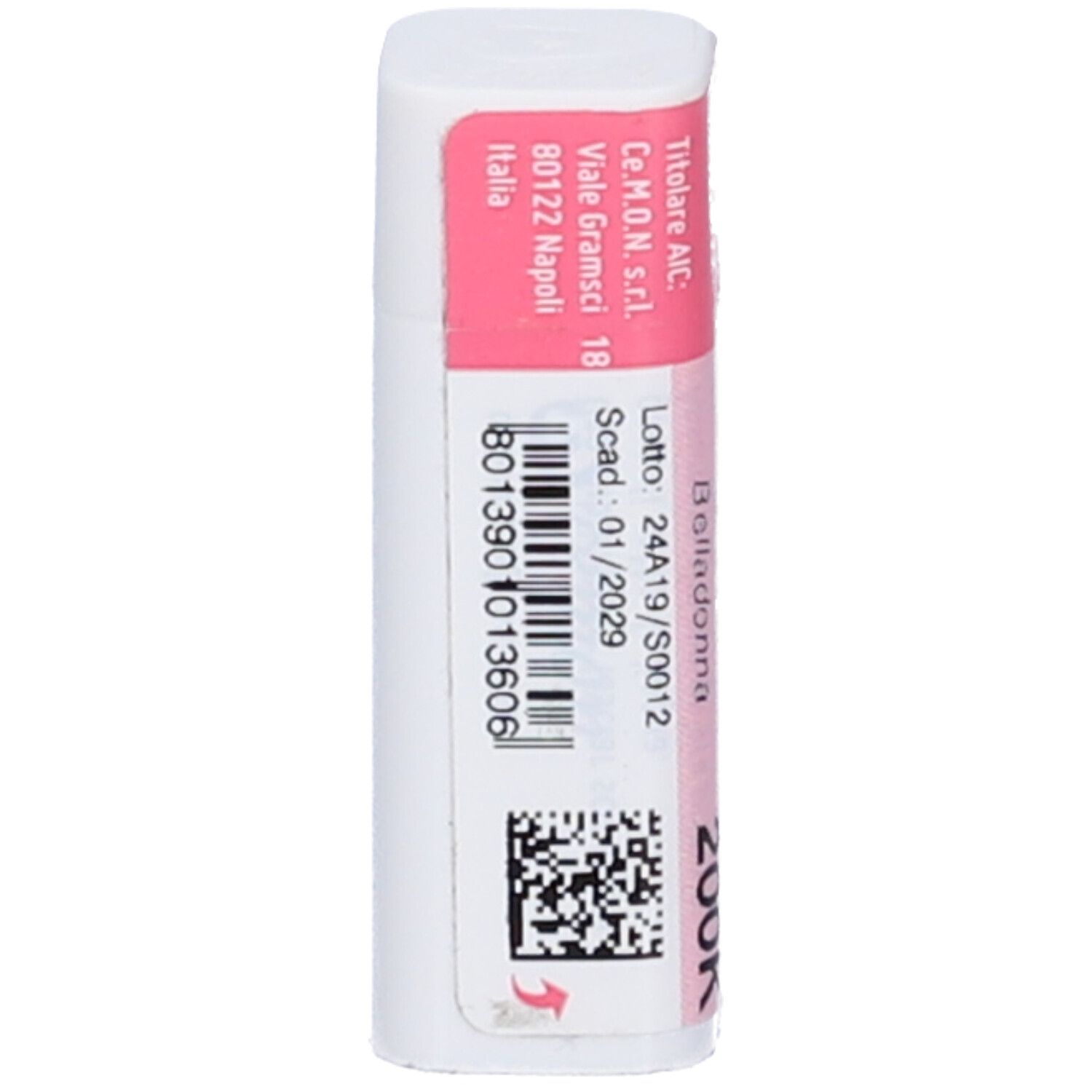 Confezione cilindrica. Etichetta rosa con informazioni prodotto e codice a barre. Nome prodotto: Belladonna 200K.