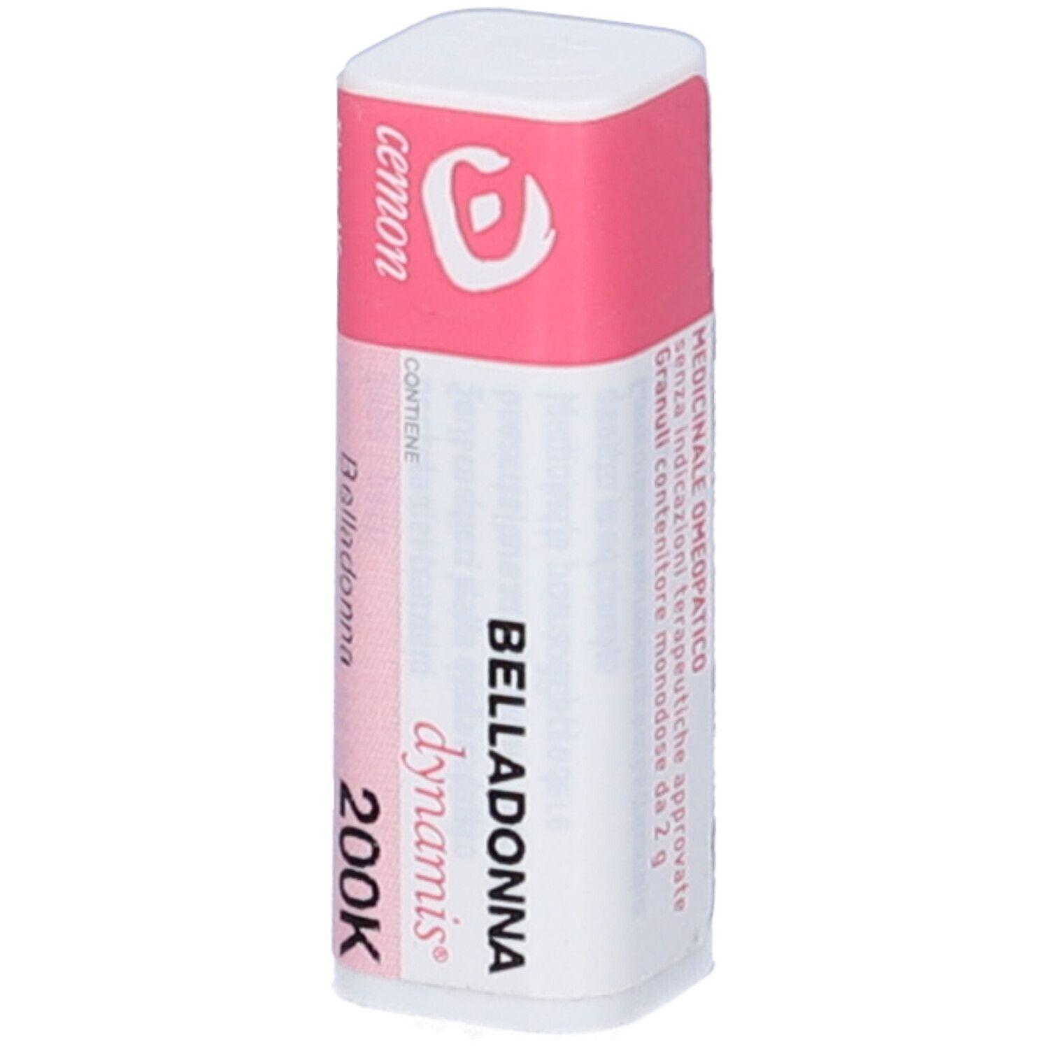 Confezione cilindrica. Etichetta rosa con nome prodotto Belladonna 200K, marchio dynamis. Tappo bianco.