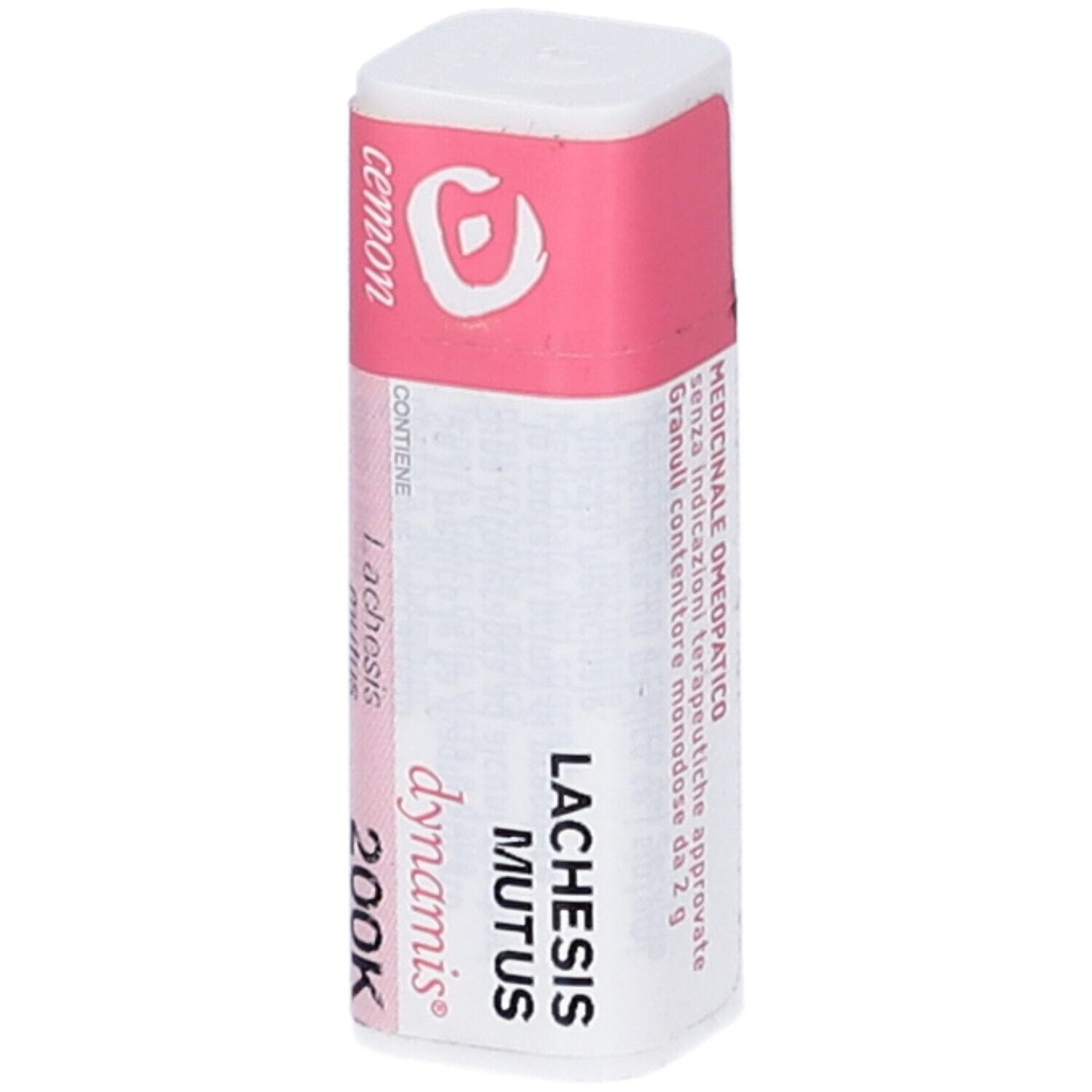 Confezione cilindrica con etichetta rosa. Scritte: cemon, Lachesis mutus, 200K.
