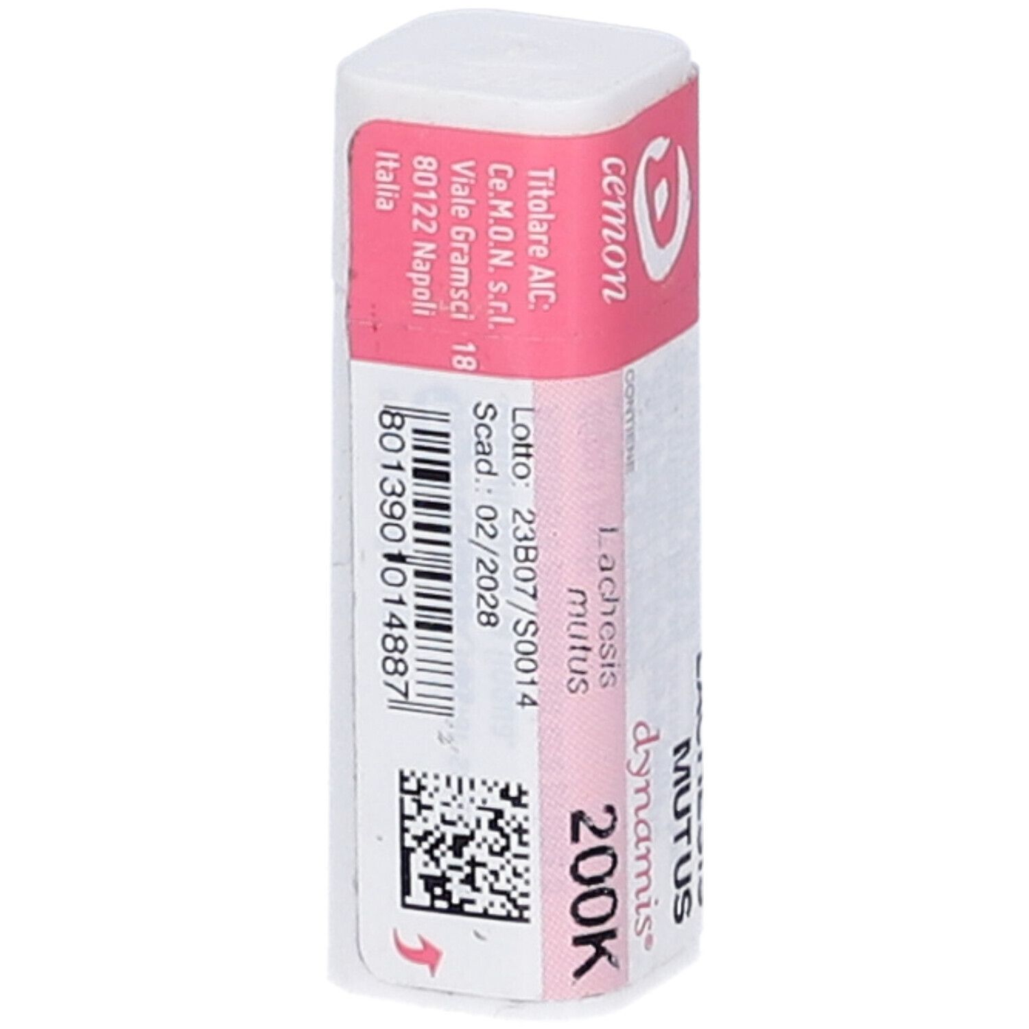 Confezione cilindrica con etichetta rosa. Scritte: cemon, Lachesis mutus, 200K, e codice a barre.