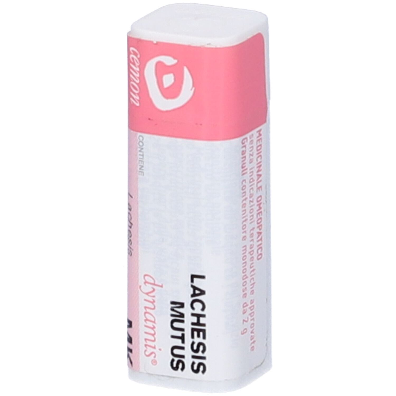 Confezione cilindrica, bianca con etichetta rosa. Testo: Lachesis mutus, cemon, Medicinale.