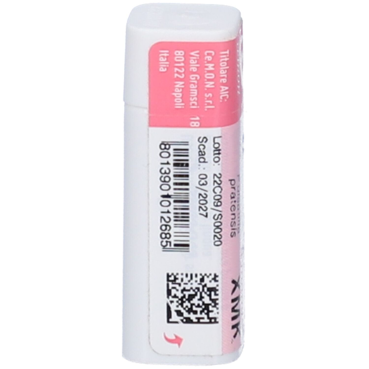 Flacone bianco con etichetta rosa. Testo: Titular AIC, C.e.M.O.N. srl, Lotto, Scad. 03/2027, Codice a barre.