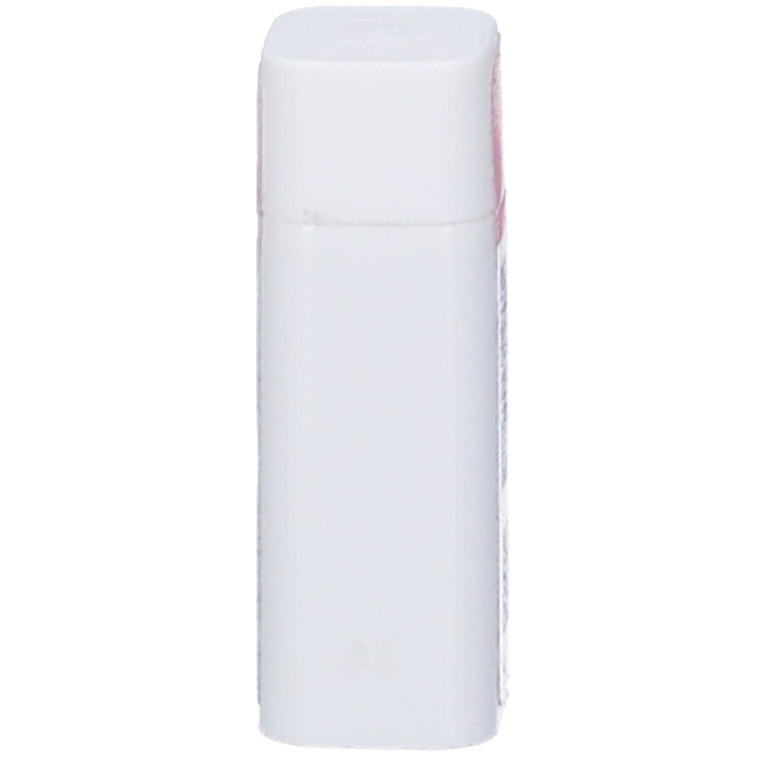 Flacone bianco rettangolare con bordi arrotondati. Piccola etichetta rosa in alto.