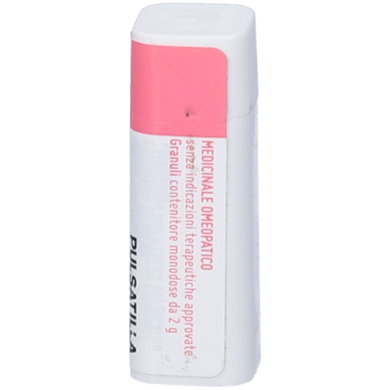 Flacone bianco con etichetta rosa. Testo: Medicinale Omeopatico, Granuli contenitore monodose da 2 g.