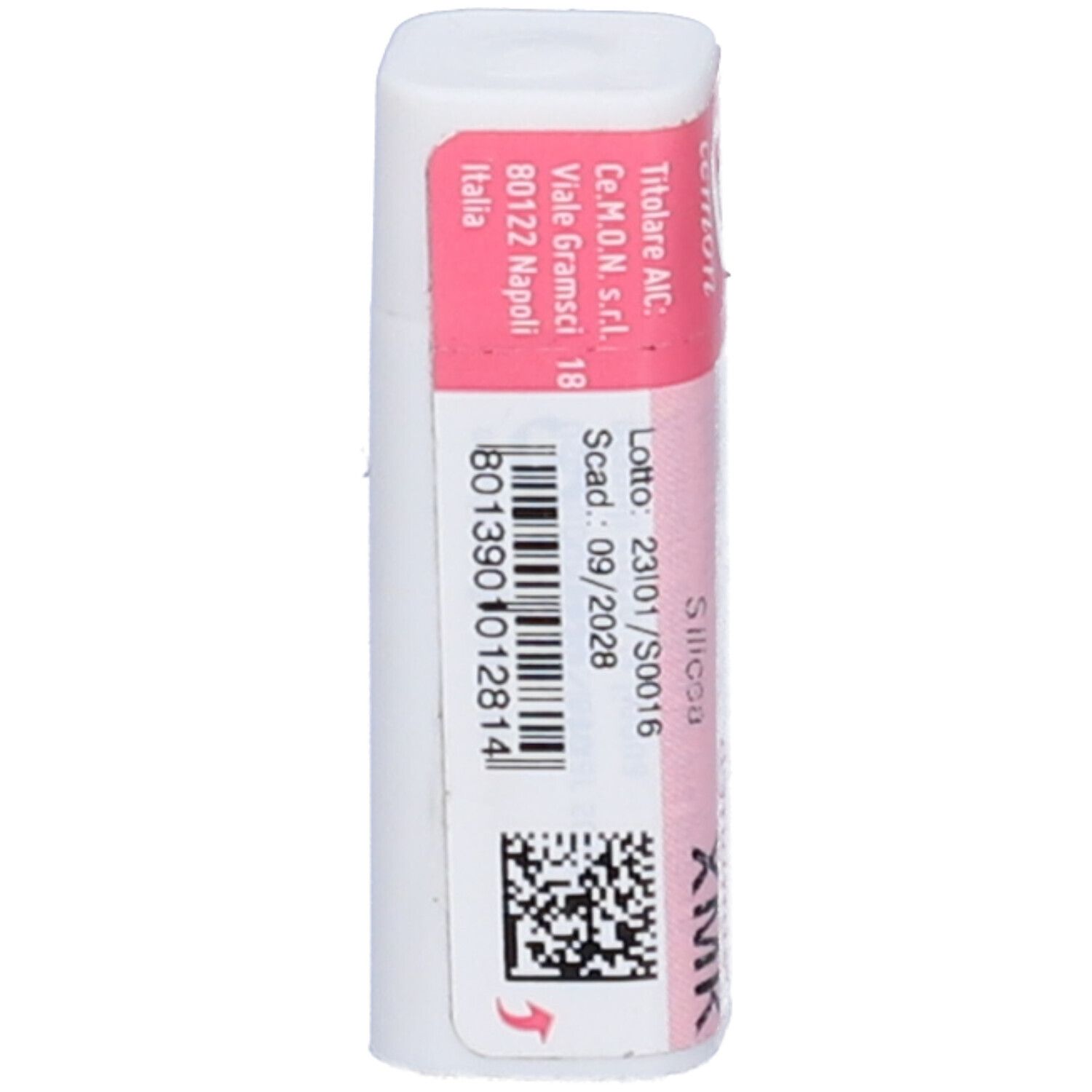Flacone cilindrico bianco con tappo rosa. Scritte: Cemon, Silicea XMK, dynamis.