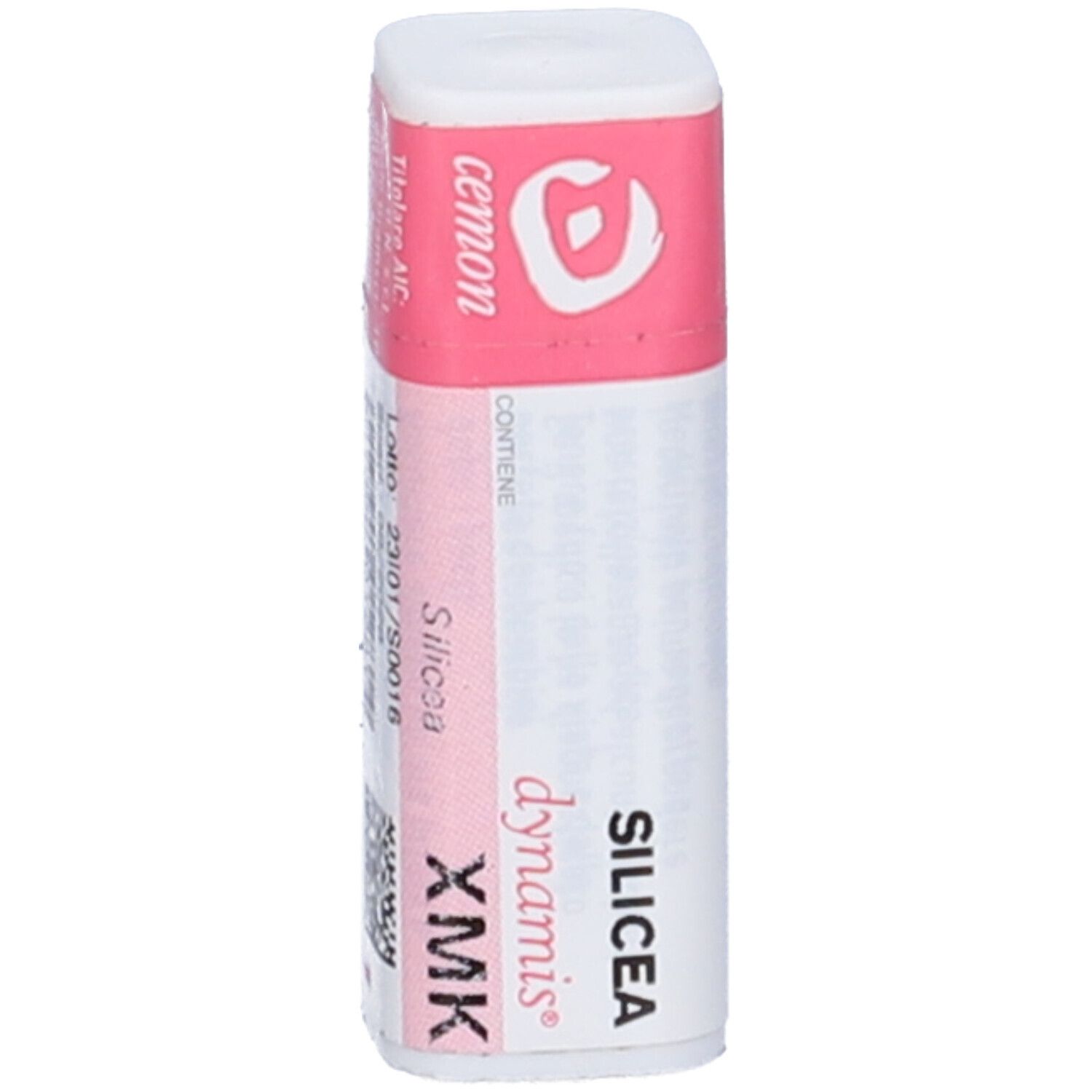 Flacone cilindrico bianco con tappo rosa. Scritte: Cemon, Silicea XMK, dynamis.