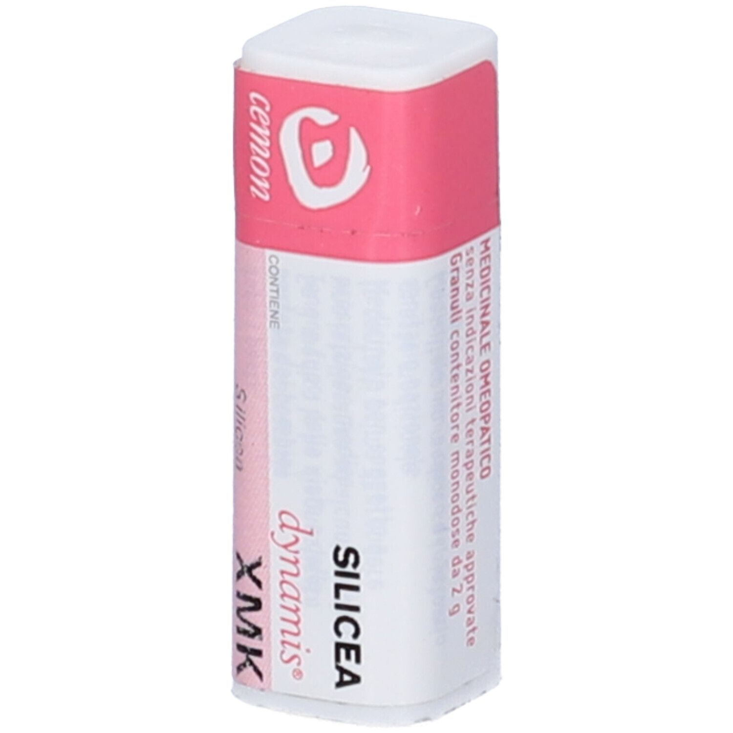 Flacone cilindrico bianco con tappo rosa. Scritte: Cemon, Silicea XMK, dynamis.