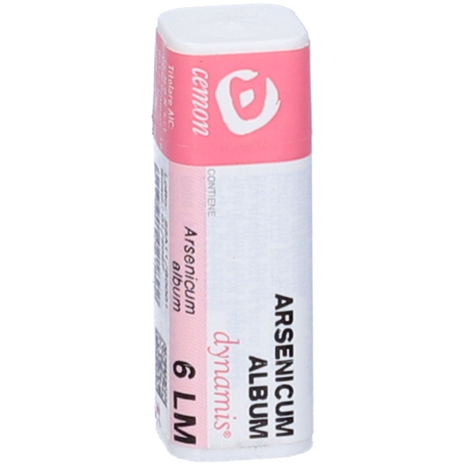 Confezione cilindrica. Rosa e bianca. Scritta: Cemon, Arsenicum album 6 LM.