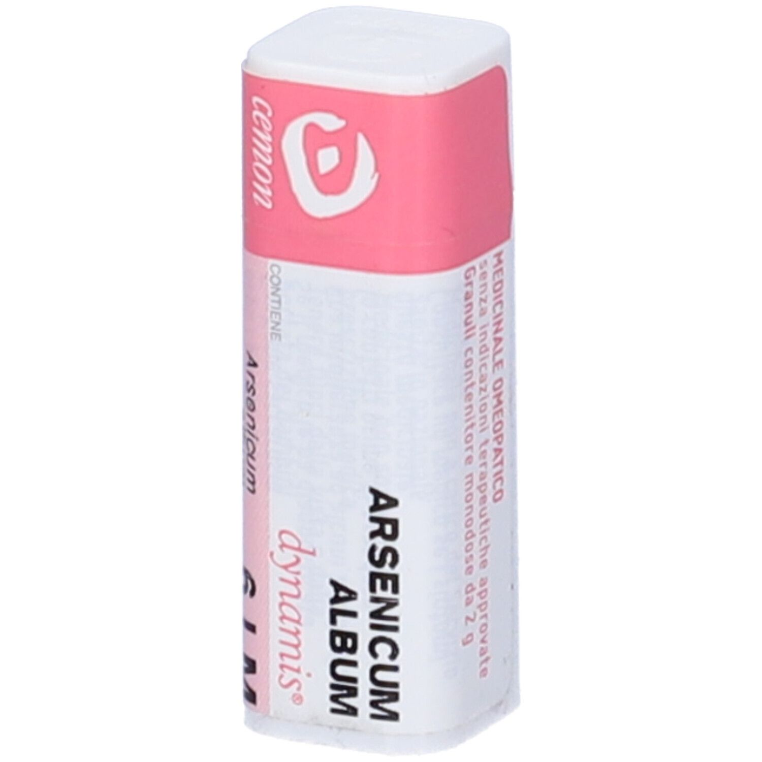 Confezione cilindrica. Rosa e bianca. Scritta: Cemon, Arsenicum album 6 LM.
