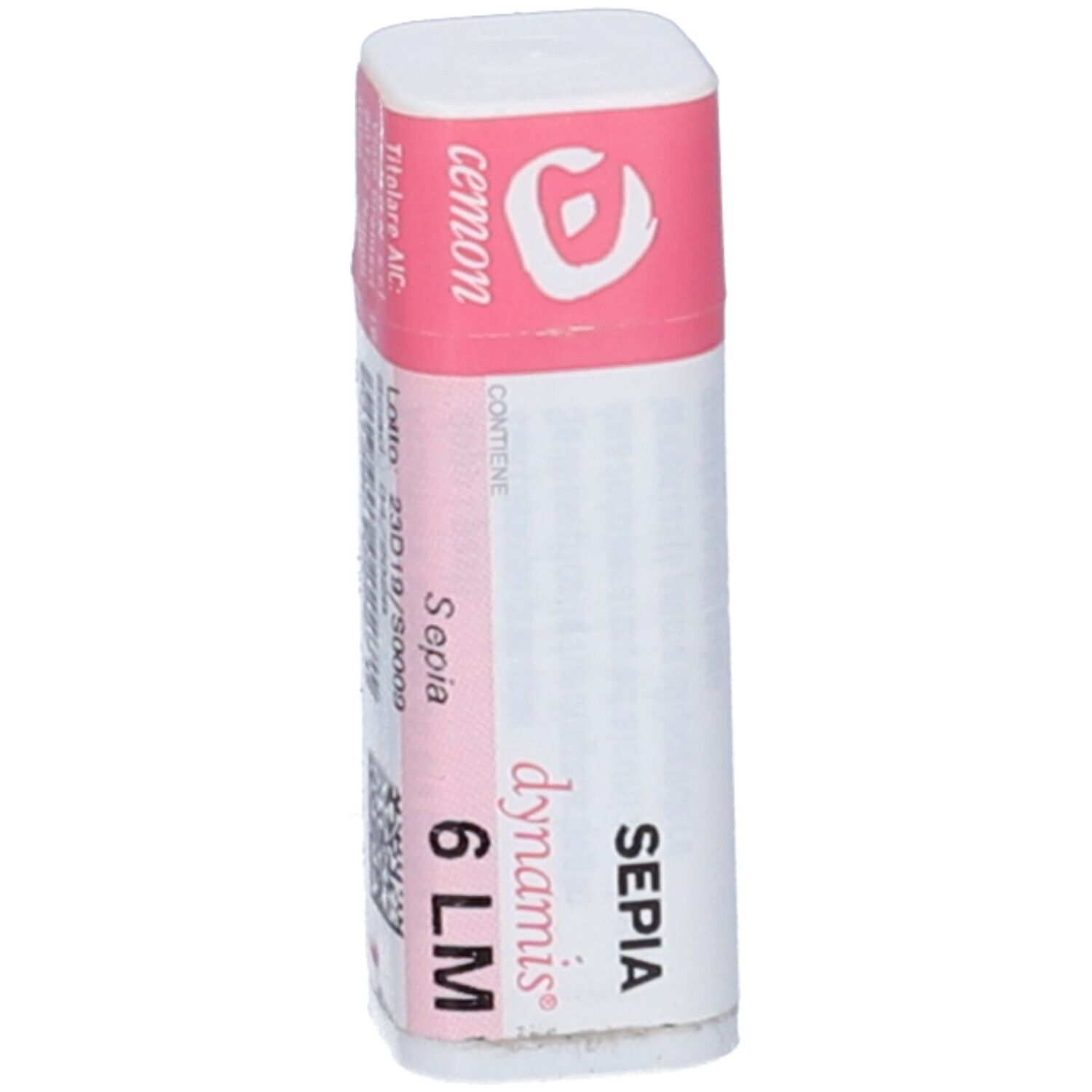 Confezione cilindrica con etichetta rosa e bianca. Scritta: Sepia 6 LM, dynamis, cemon.