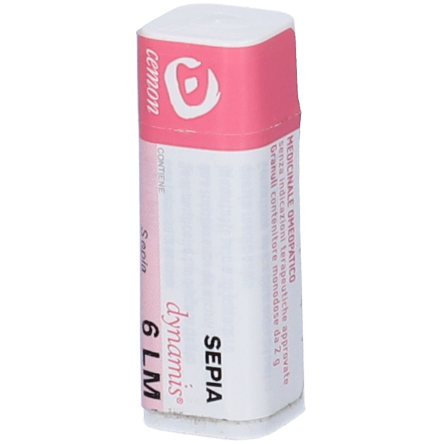 Confezione cilindrica con etichetta rosa e bianca. Scritta: Sepia 6 LM, dynamis, cemon. Testo: Medicinale Omeopatico.