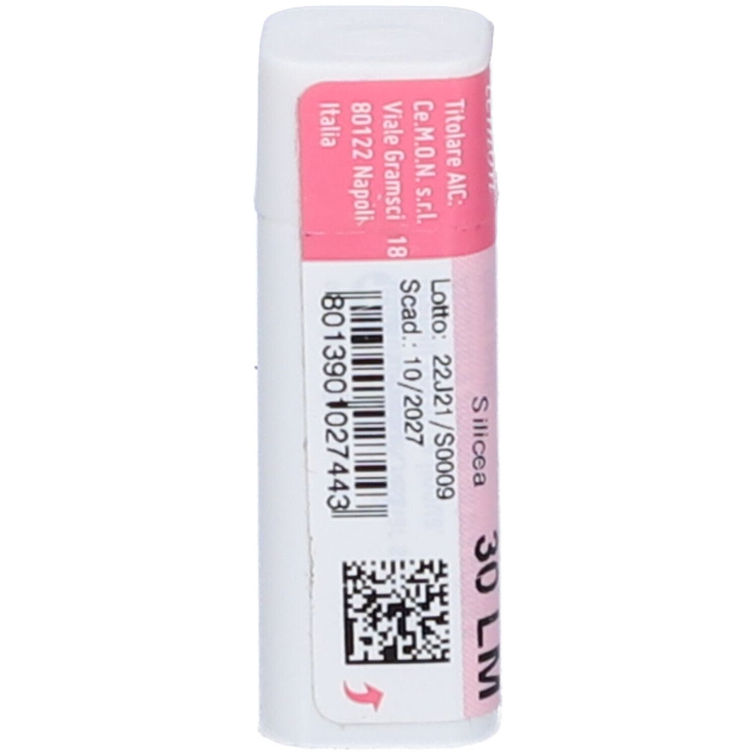 Confezione cilindrica con etichetta rosa e bianca. Scritta: Cemon, Silicea 30 LM.