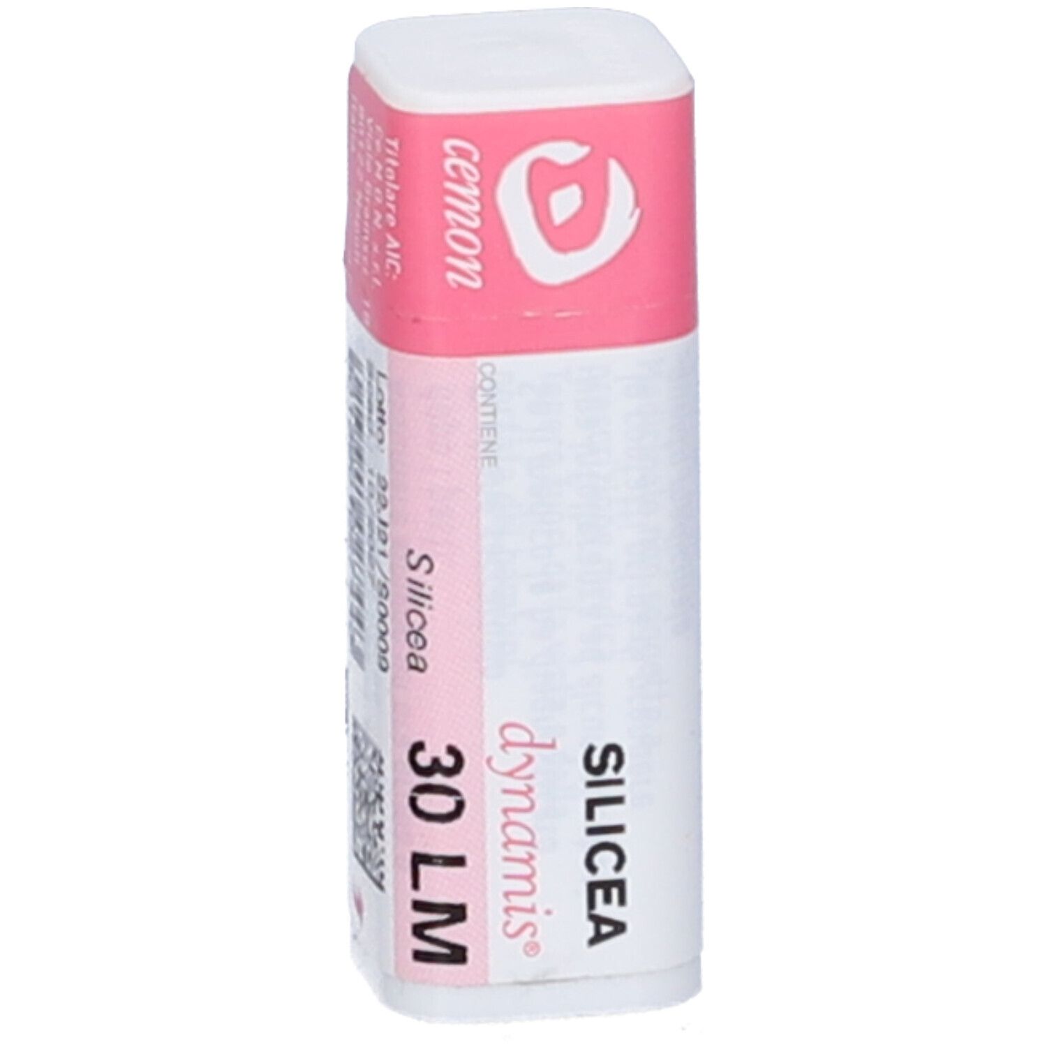 Confezione cilindrica con etichetta rosa e bianca. Scritta: Cemon, Silicea 30 LM.