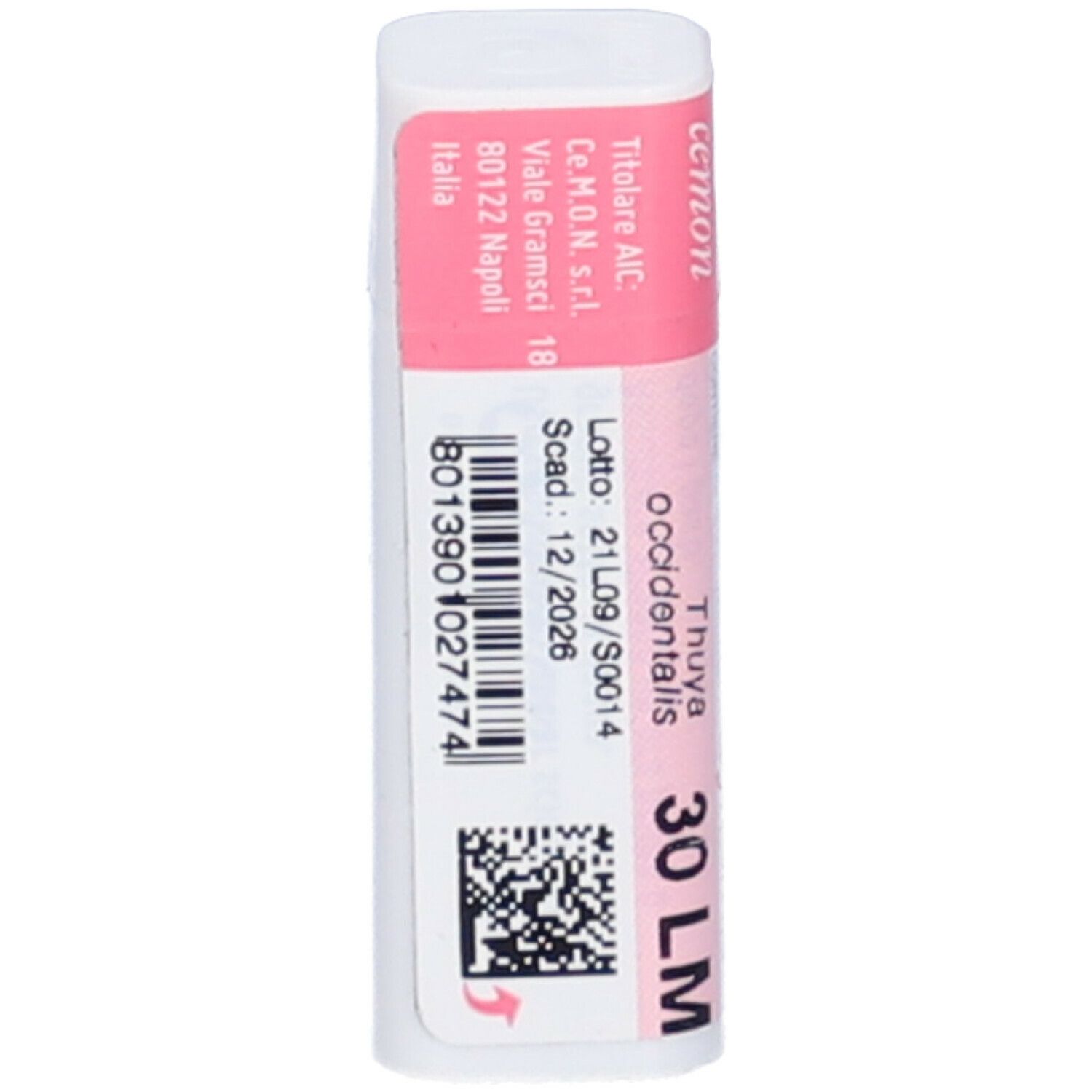Confezione cilindrica bianca con etichetta rosa. Contiene il testo: Thuya Occidentalis 30 LM, Cemon, numero di lotto e data di scadenza.