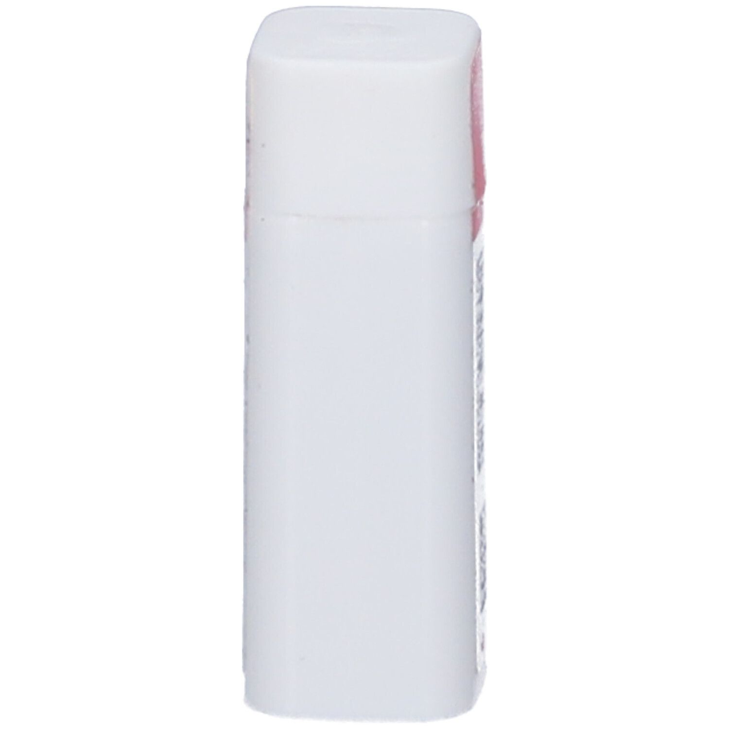 Confezione cilindrica bianca con coperchio quadrato. Etichetta rosa in alto.