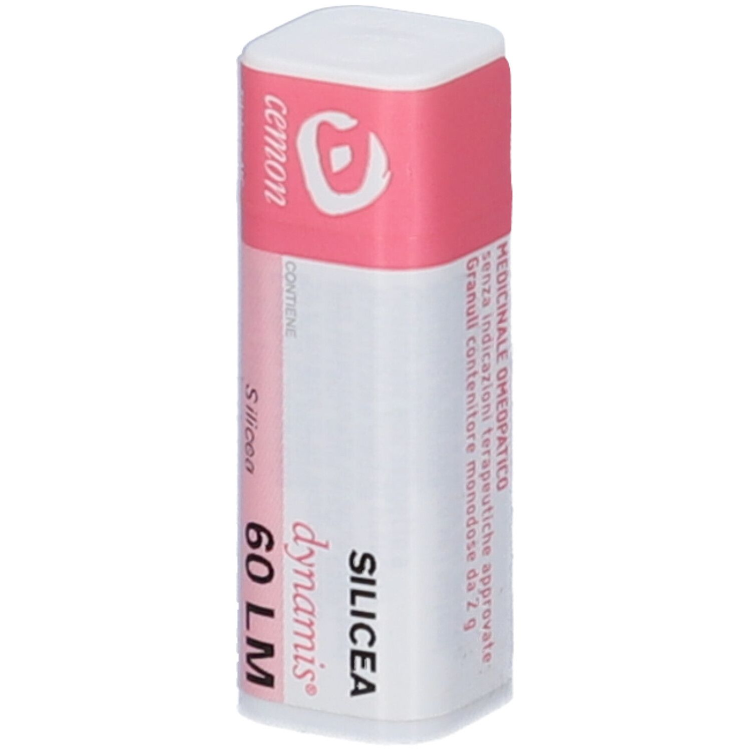 Confezione cilindrica con etichetta rosa e bianca. Scritta: Silicea 60 LM, dynamis, cemon. Prodotto medico.