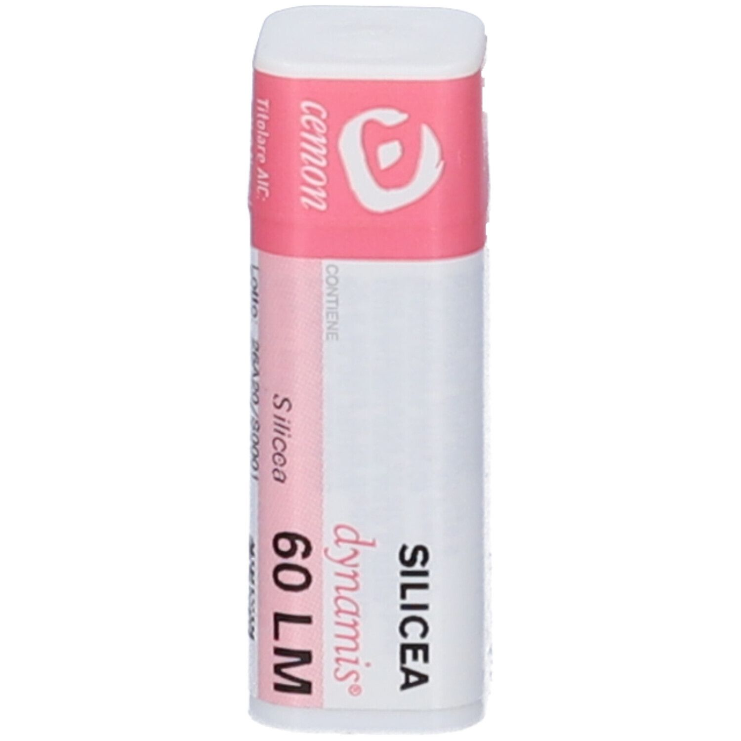Confezione cilindrica con etichetta rosa e bianca. Scritta: Silicea 60 LM, dynamis, cemon.