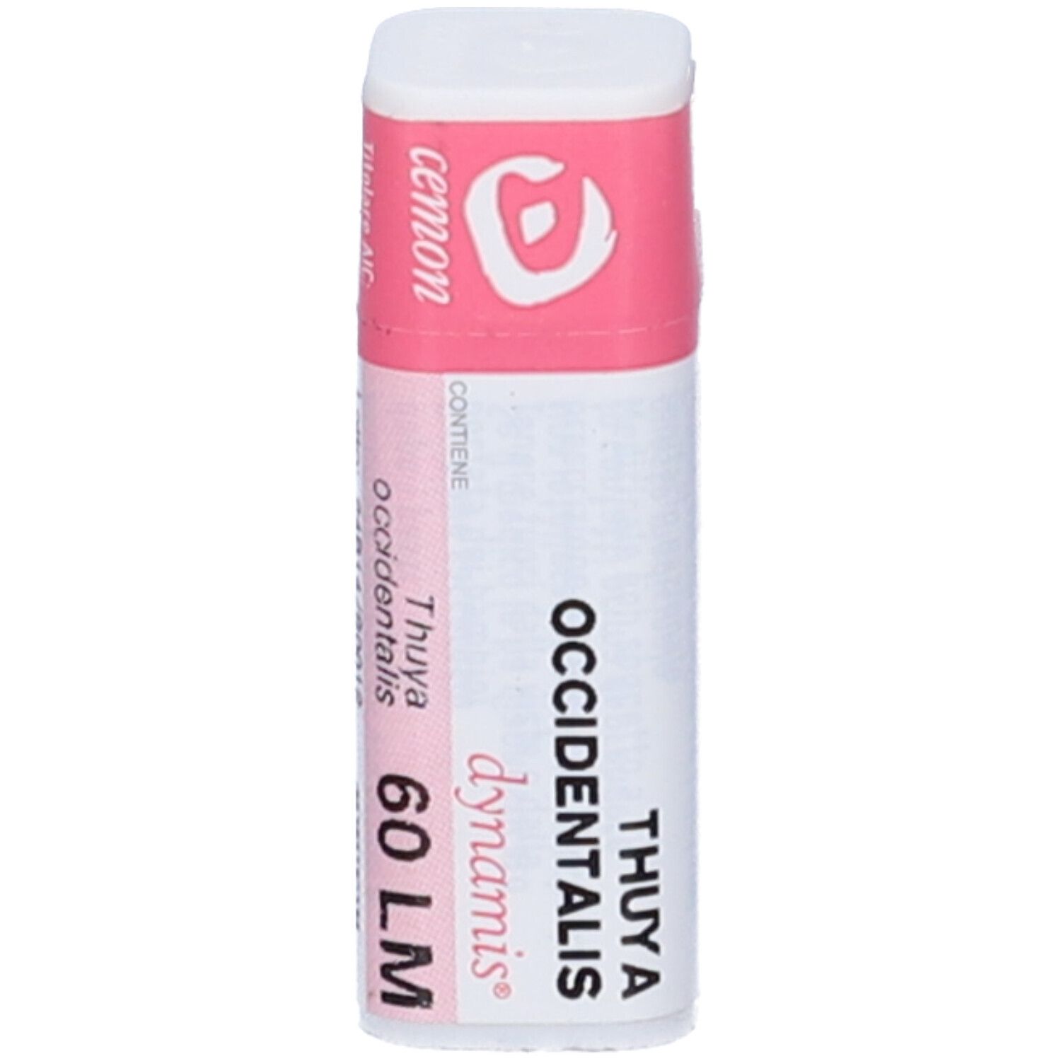 Flacone bianco con etichetta rosa. Testo: Thuya Occidentalis 60 LM, dynamis. Tappo rosa.