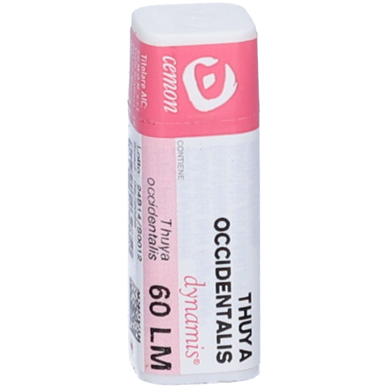 Flacone bianco con etichetta rosa. Testo: Thuya Occidentalis 60 LM, dynamis. Tappo rosa.