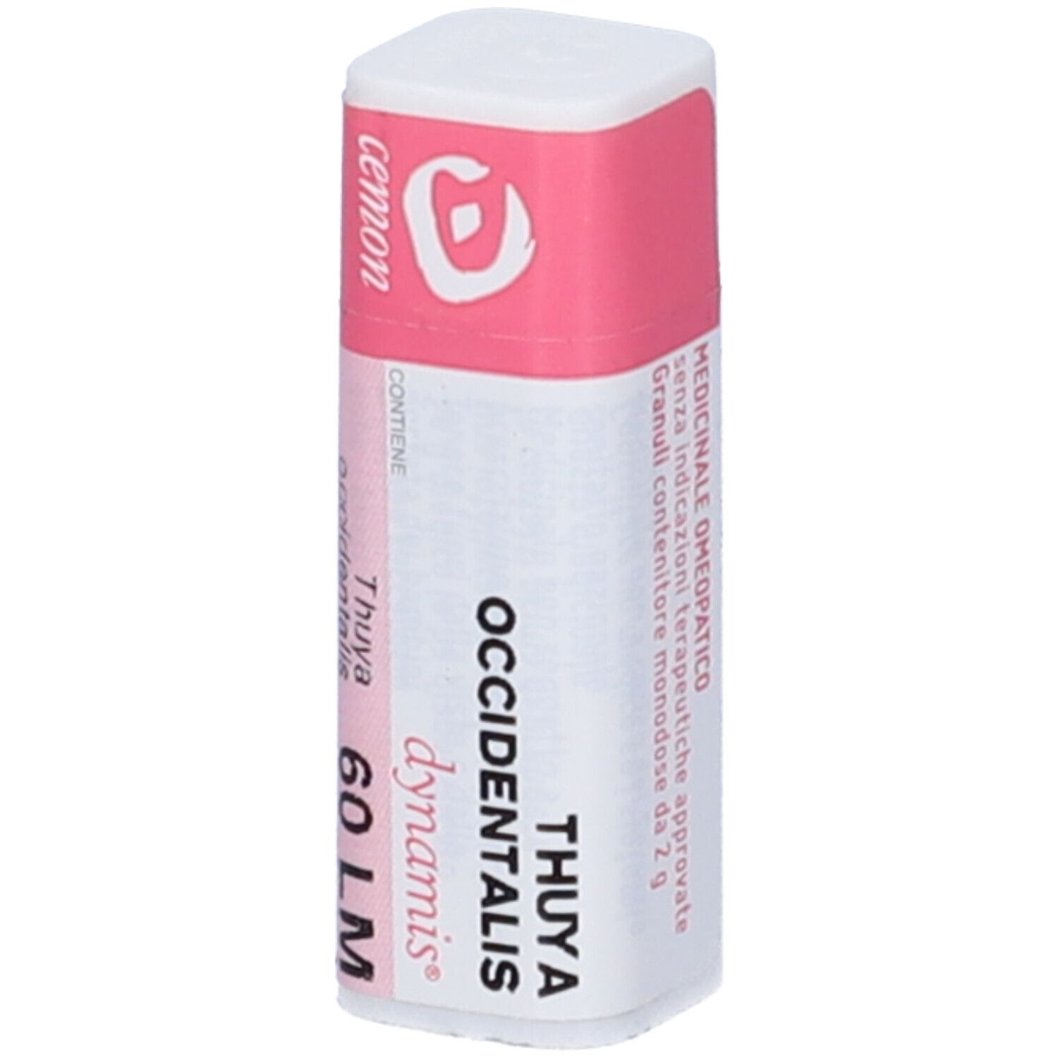 Flacone bianco con etichetta rosa. Testo: Thuya Occidentalis 60 LM, dynamis. Tappo rosa.
