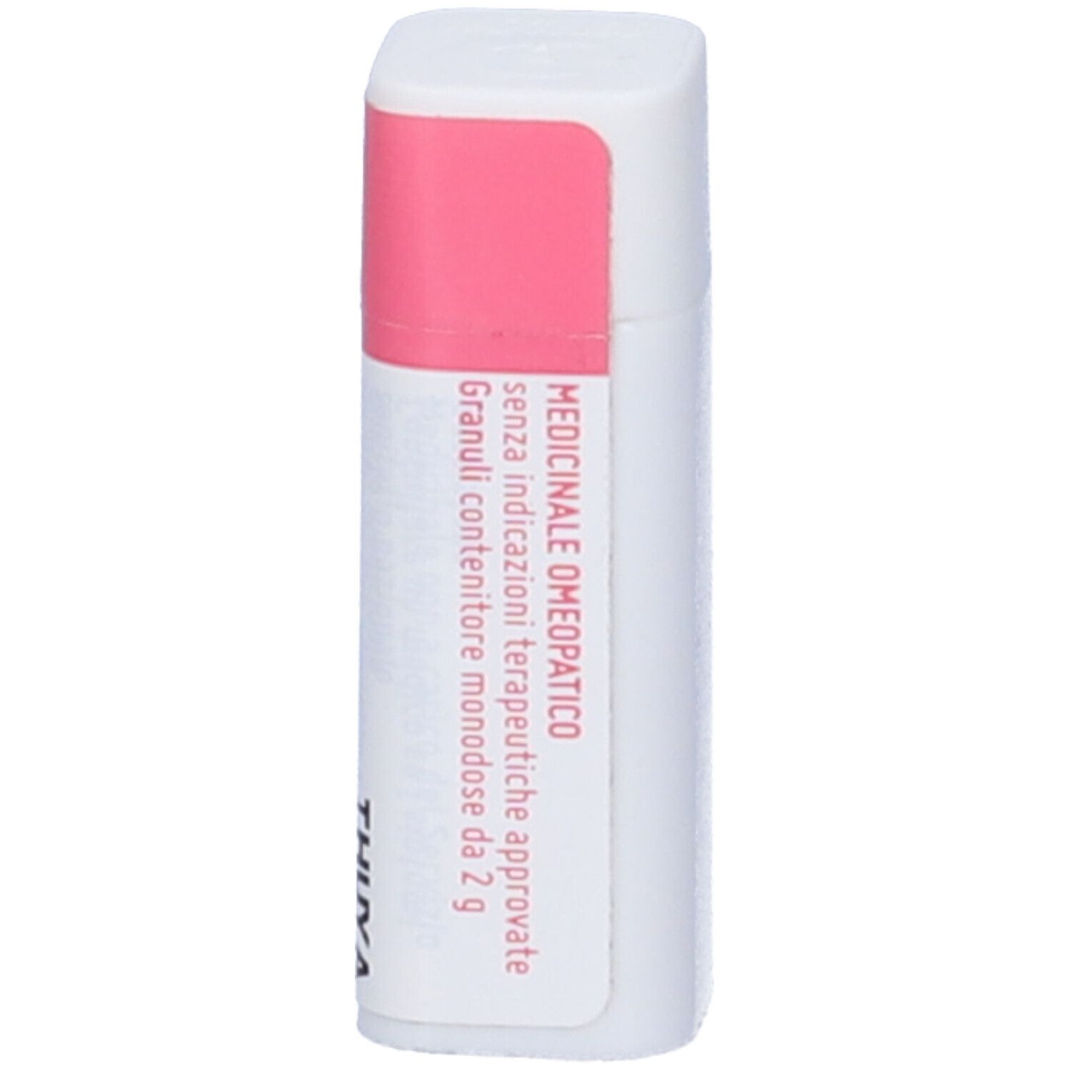 Flacone bianco con etichetta rosa. Testo: Medicinale omeopatico. Tappo rosa.