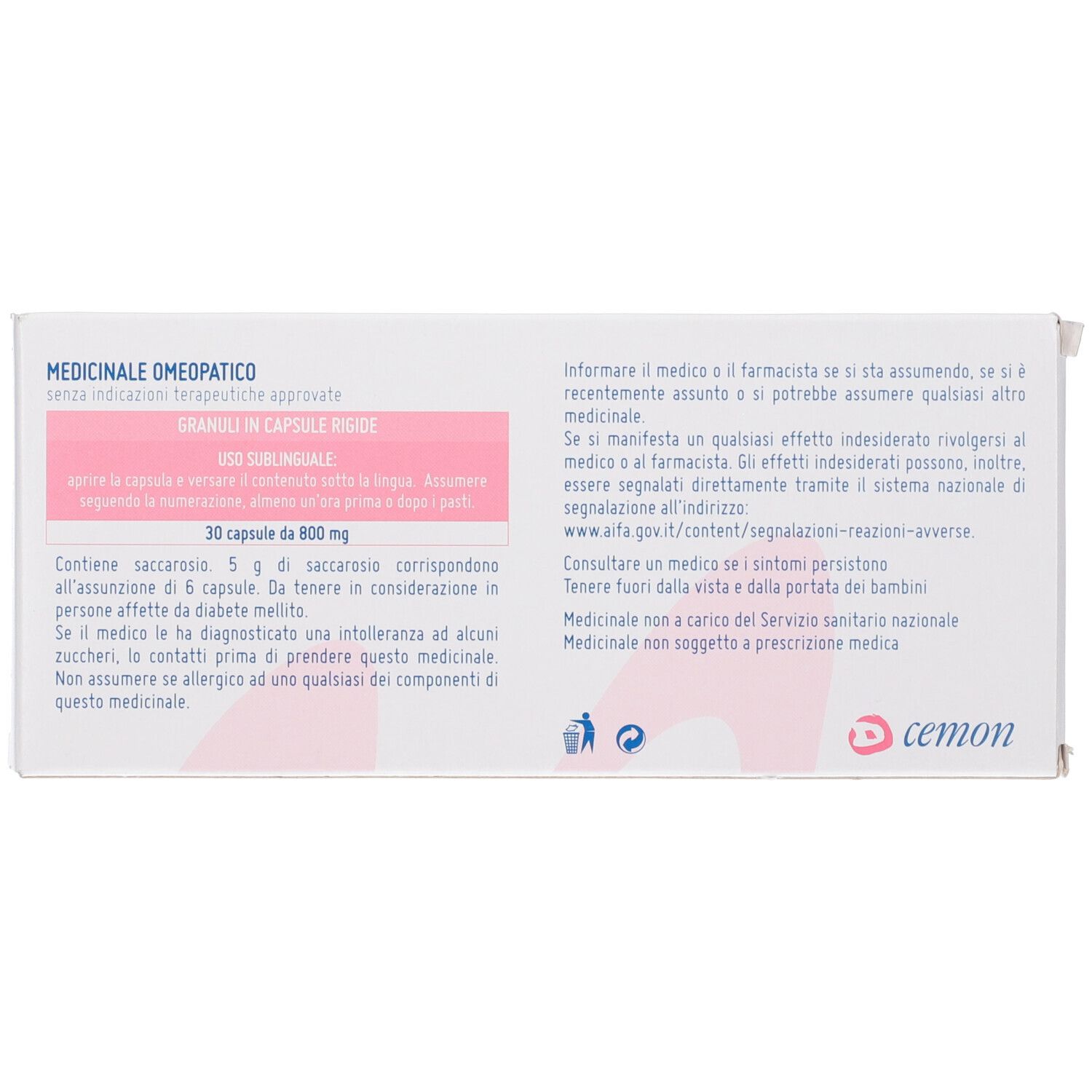 Retro della scatola bianca con testo. Logo rosa "cemon" in basso a destra. Testo su ingredienti e utilizzo.