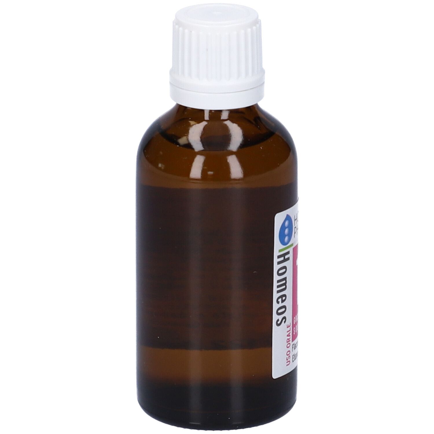 Flacone di vetro marrone con tappo bianco. L'etichetta indica "Homeos 17".