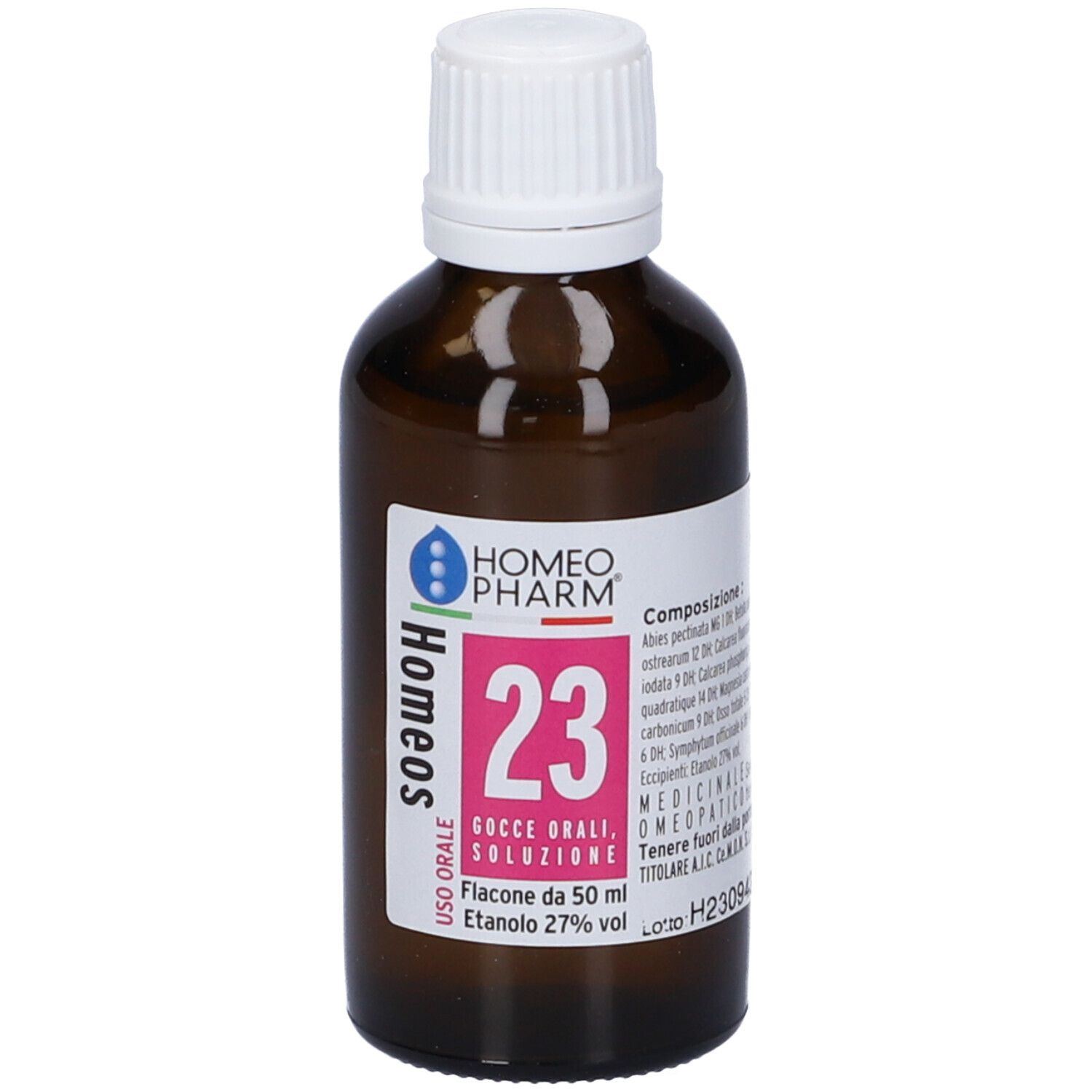 Flacone di vetro marrone con tappo bianco ed etichetta. Scritta: Homeos 23, Uso Orale, Flacone da 50 ml, Etanolo 27% vol.