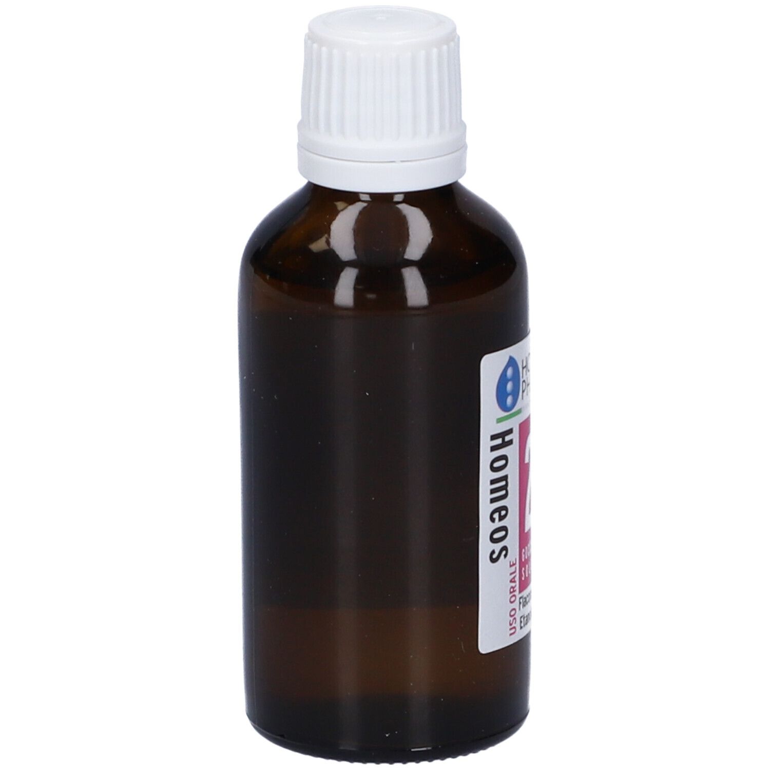 Flacone di vetro marrone con tappo bianco ed etichetta. Scritta: Homeos 23, Uso Orale, Flacone da 50 ml, Etanolo 27% vol.