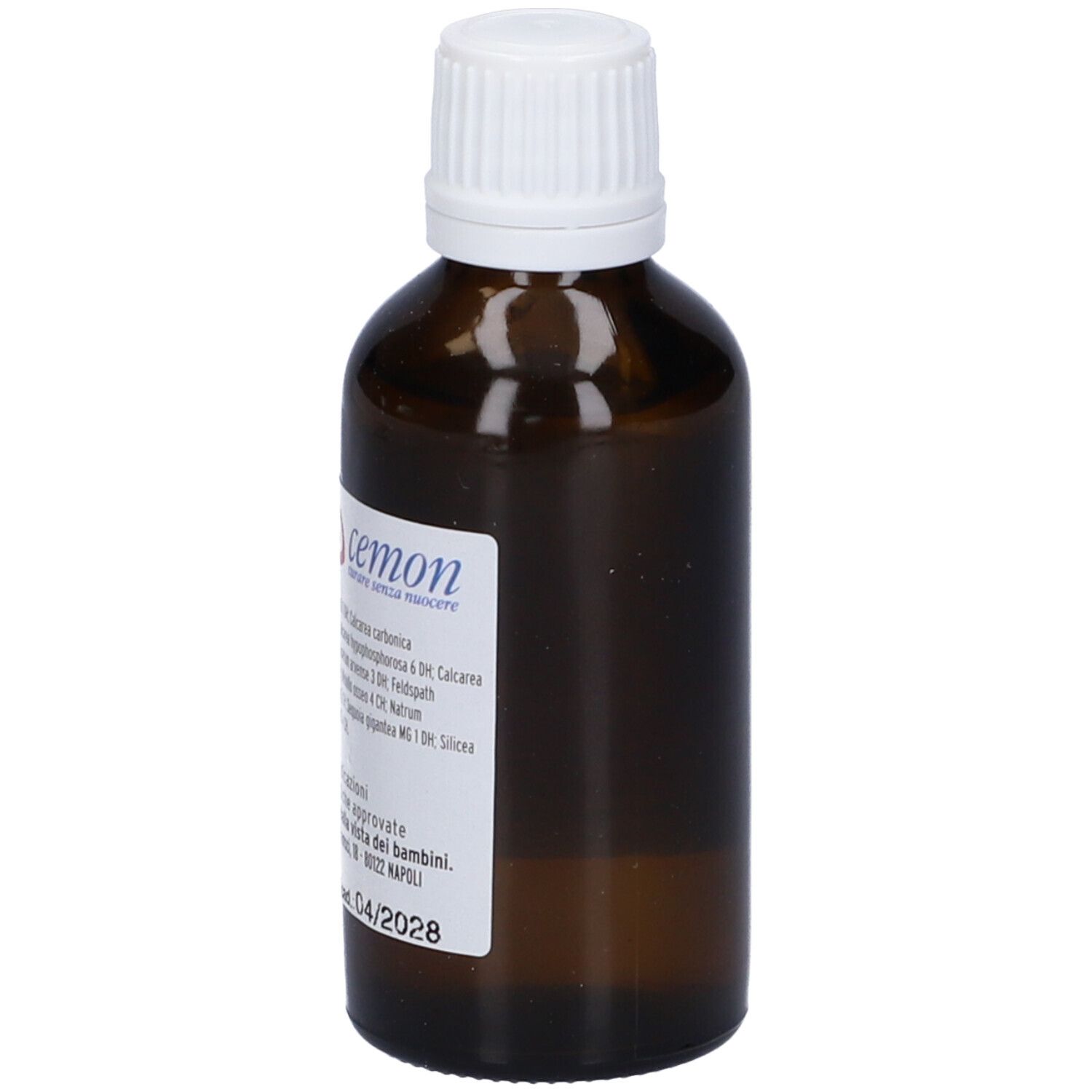 Flacone di vetro marrone con tappo bianco ed etichetta. Scritta: Cemon, ingredienti, Scad. 04/2028.