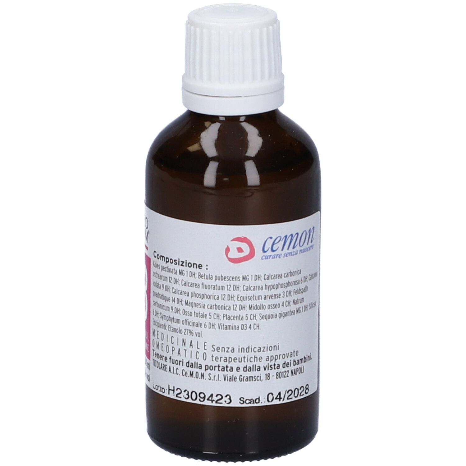 Flacone di vetro marrone con tappo bianco ed etichetta. Scritta: Cemon, ingredienti, Scad. 04/2028.