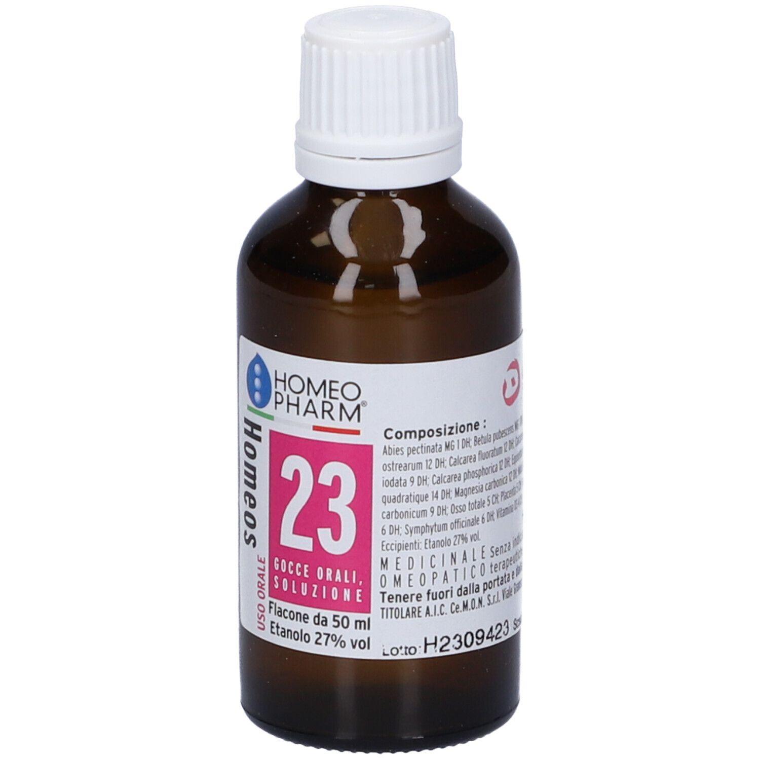 Flacone di vetro marrone con tappo bianco ed etichetta. Scritta: Homeo Pharm, Homeos 23, Gocce Orali, Flacone da 50 ml.