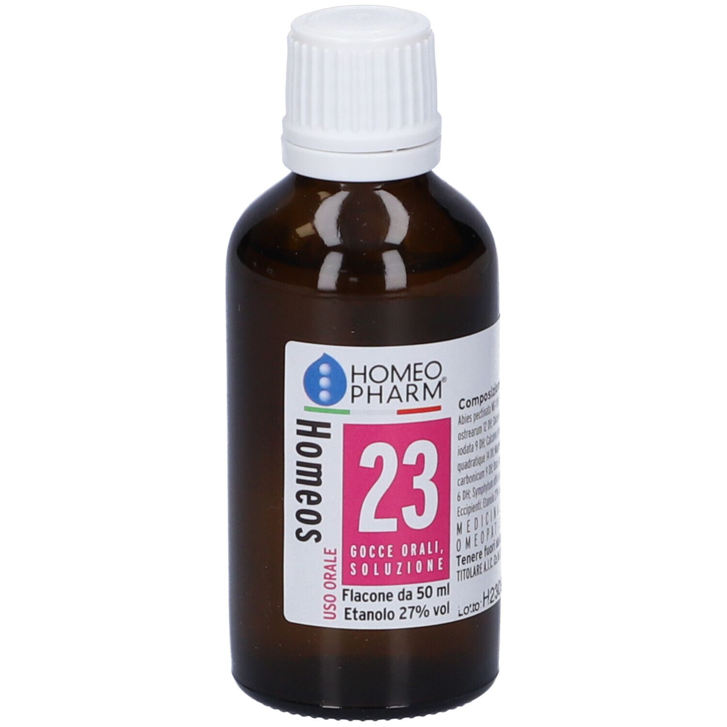 Flacone di vetro marrone con tappo bianco ed etichetta. Scritta: Homeo Pharm, Homeos 23, Gocce Orali, Flacone da 50 ml.