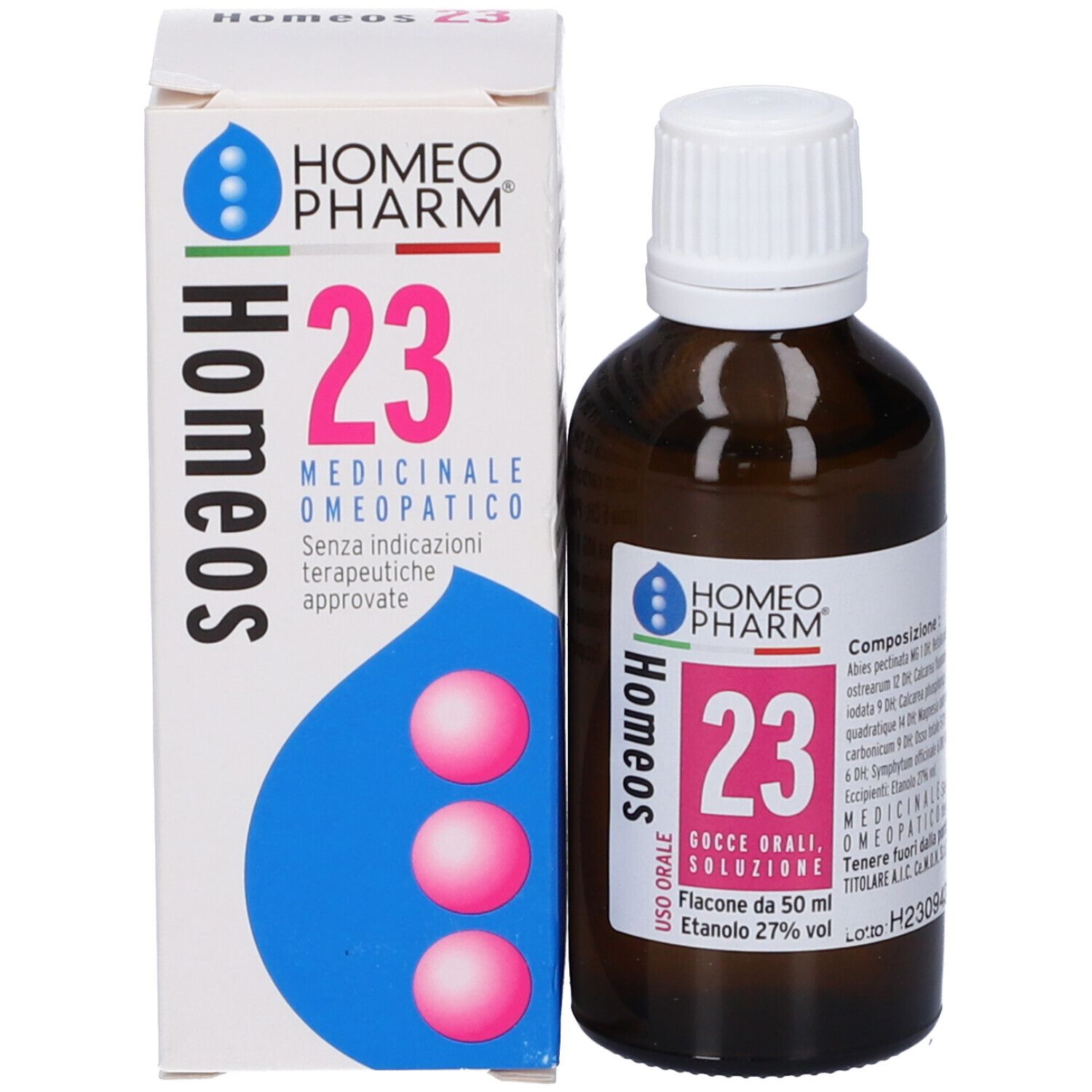 Flacone di vetro marrone con tappo bianco ed etichetta. Accanto, scatola con informazioni sul prodotto. Scritta: Homeos 23.