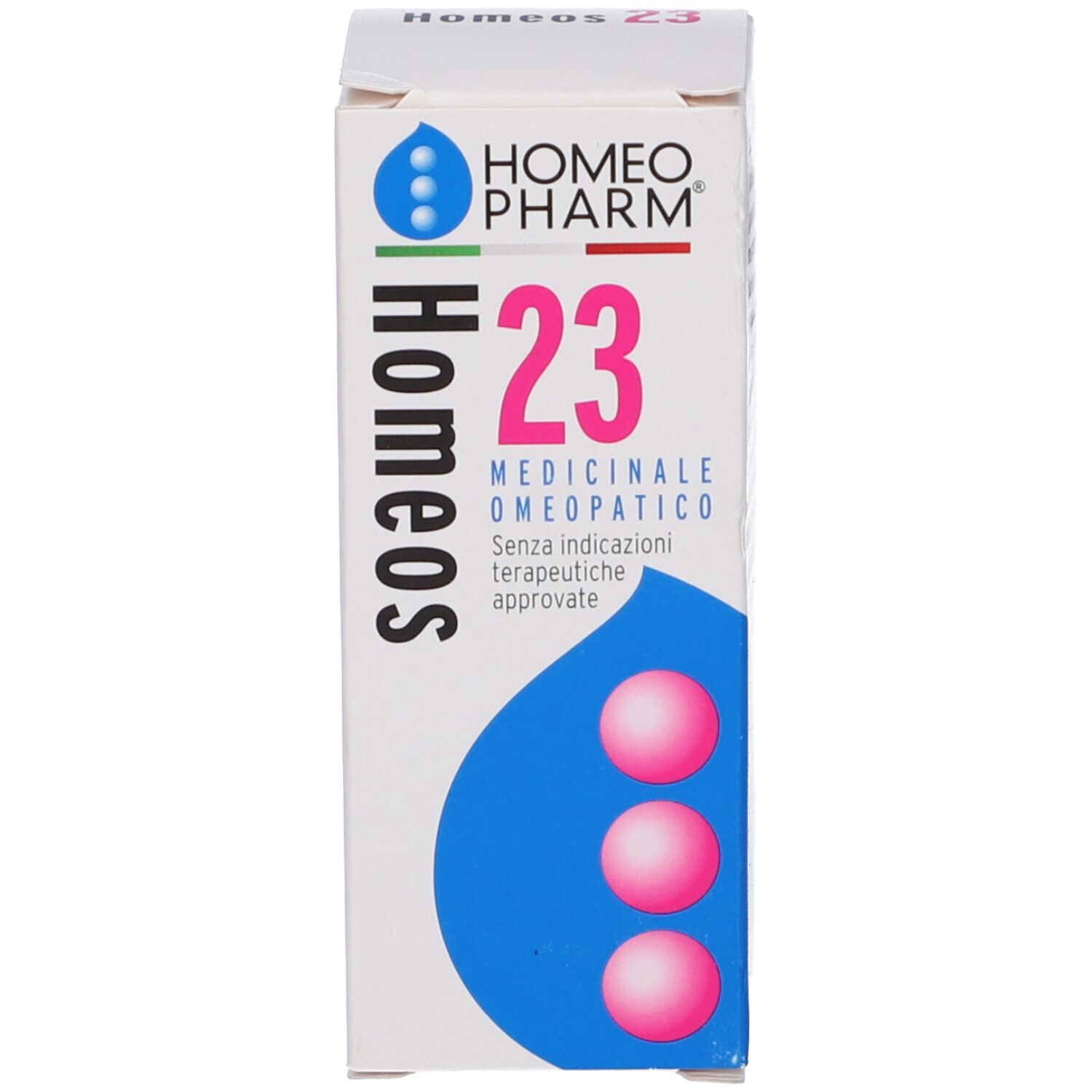 Scatola bianca con informazioni sul prodotto. Scritta: Homeos 23, Homeo Pharm, Medicinale, Omeopatico.