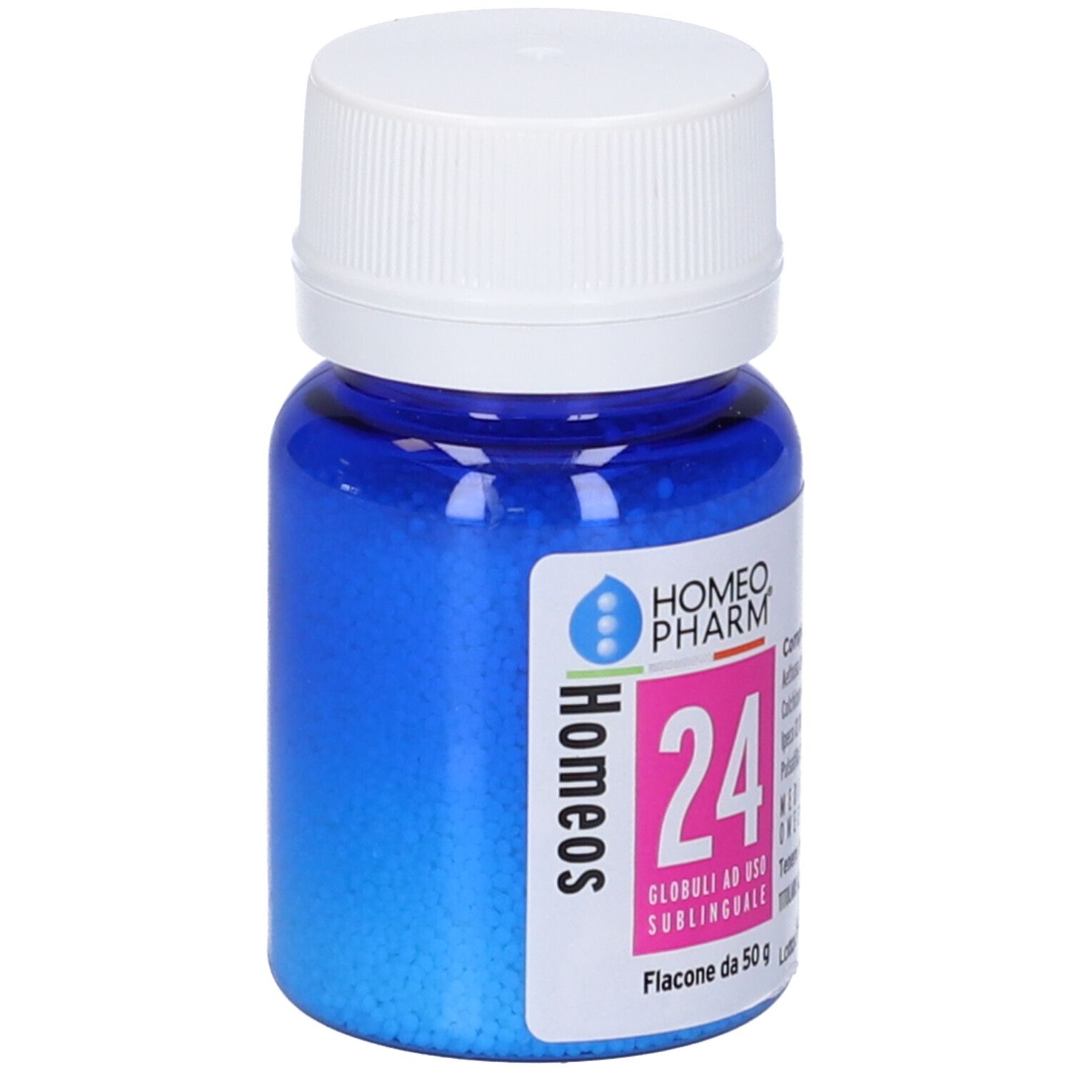 Flacone di vetro blu con tappo bianco. Scritta "24" e composizione. Marchio Cemon.