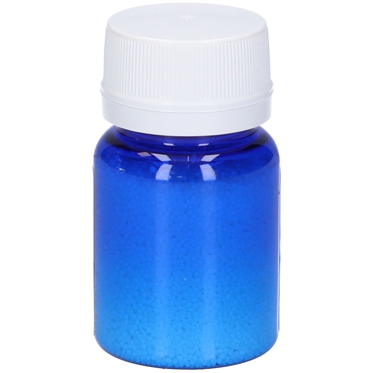 Flacone di vetro blu con tappo bianco. Contenuto: piccole palline blu. Nessuna altra scritta.