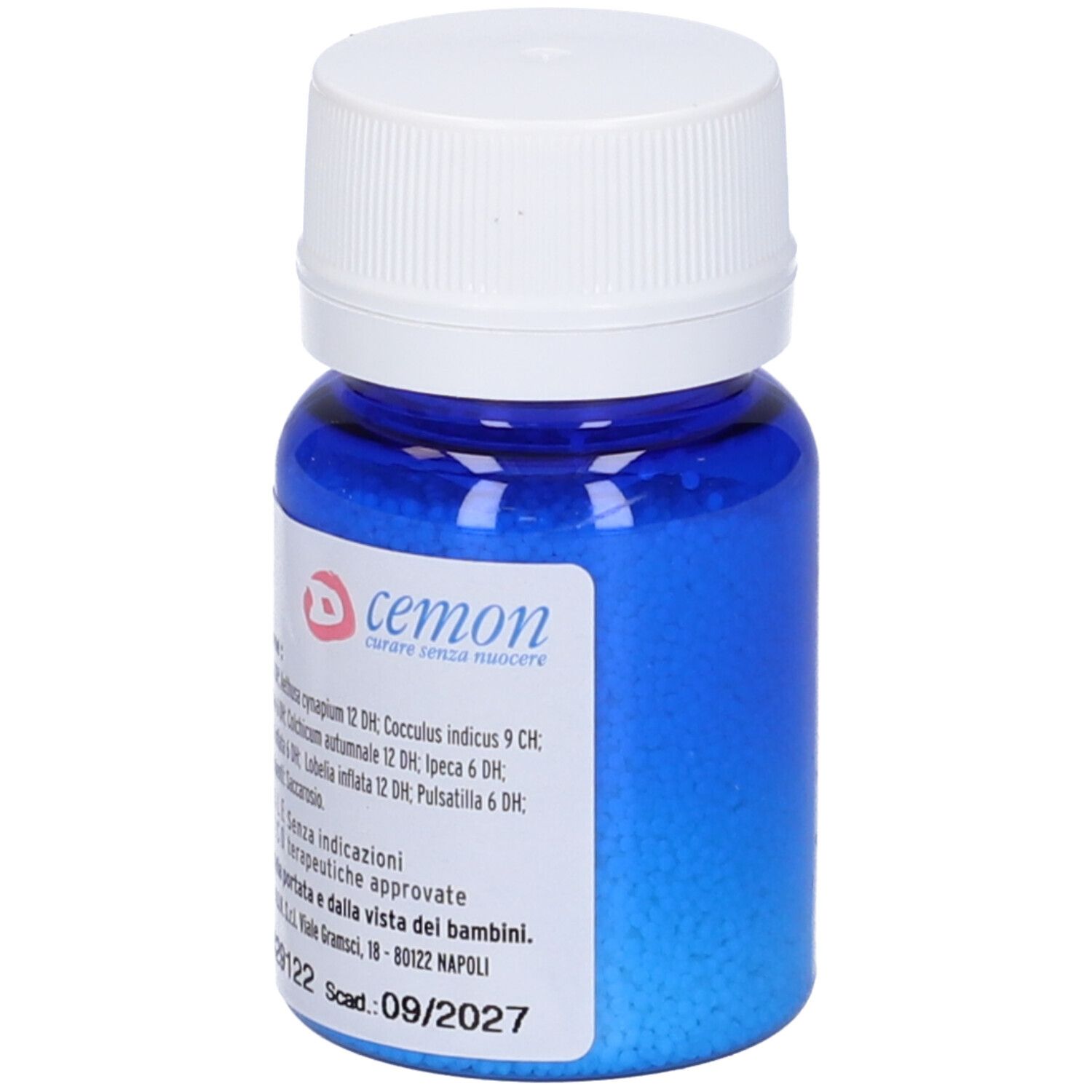 Flacone di vetro blu con tappo bianco. Contenuto: piccole palline blu. Marchio Cemon.