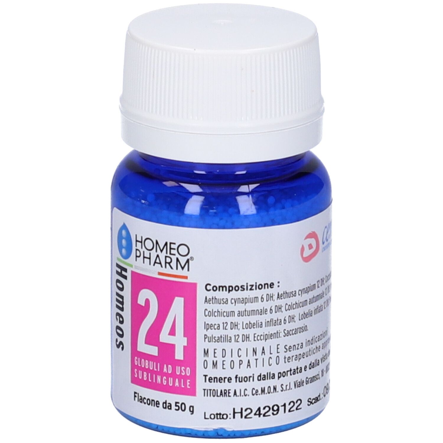 Flacone di vetro blu con tappo bianco. Contenuto: piccole palline blu. Marchio Homeo Pharm.
