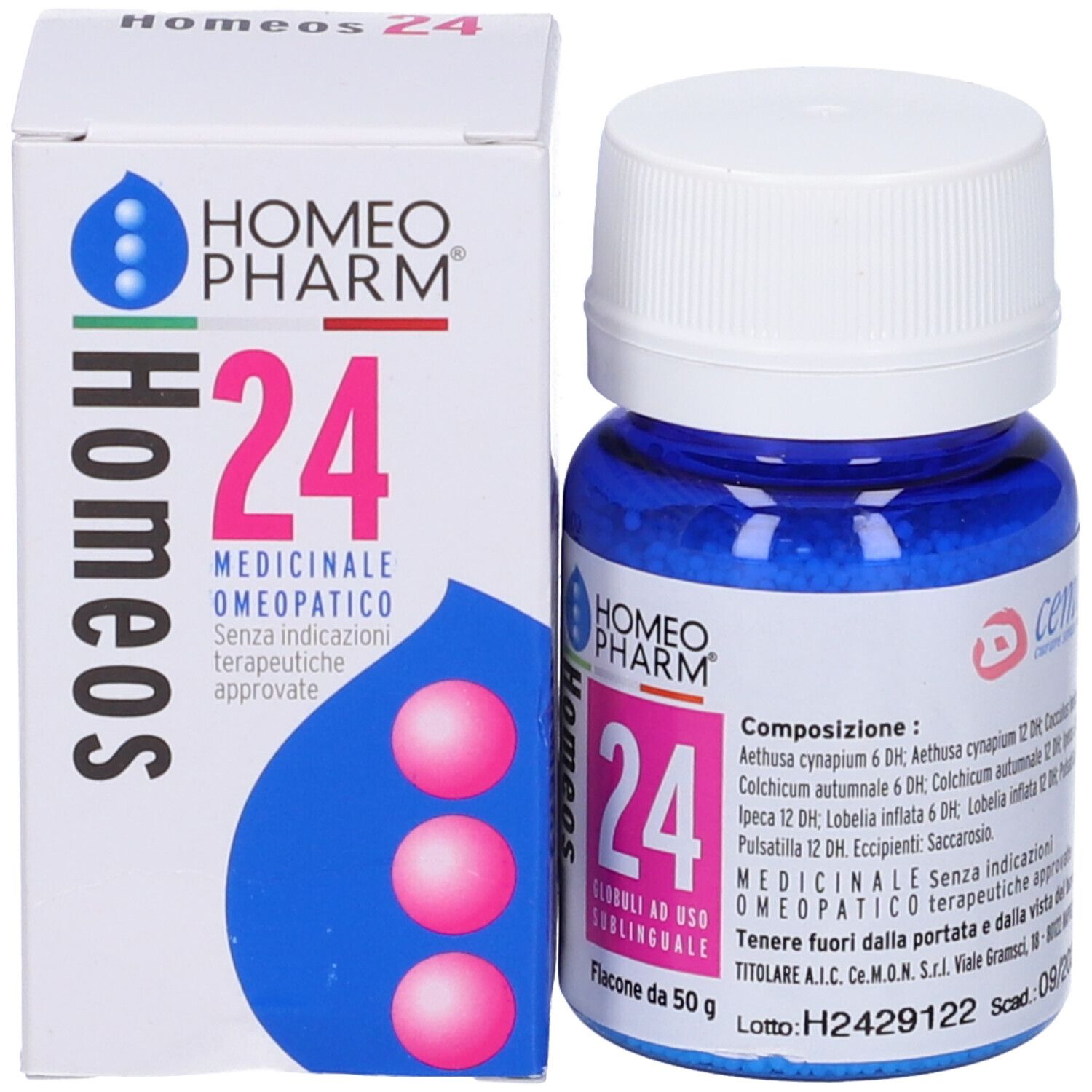 Flacone di vetro blu e scatola. Scritta "24" e composizione. Marchio Homeo Pharm.