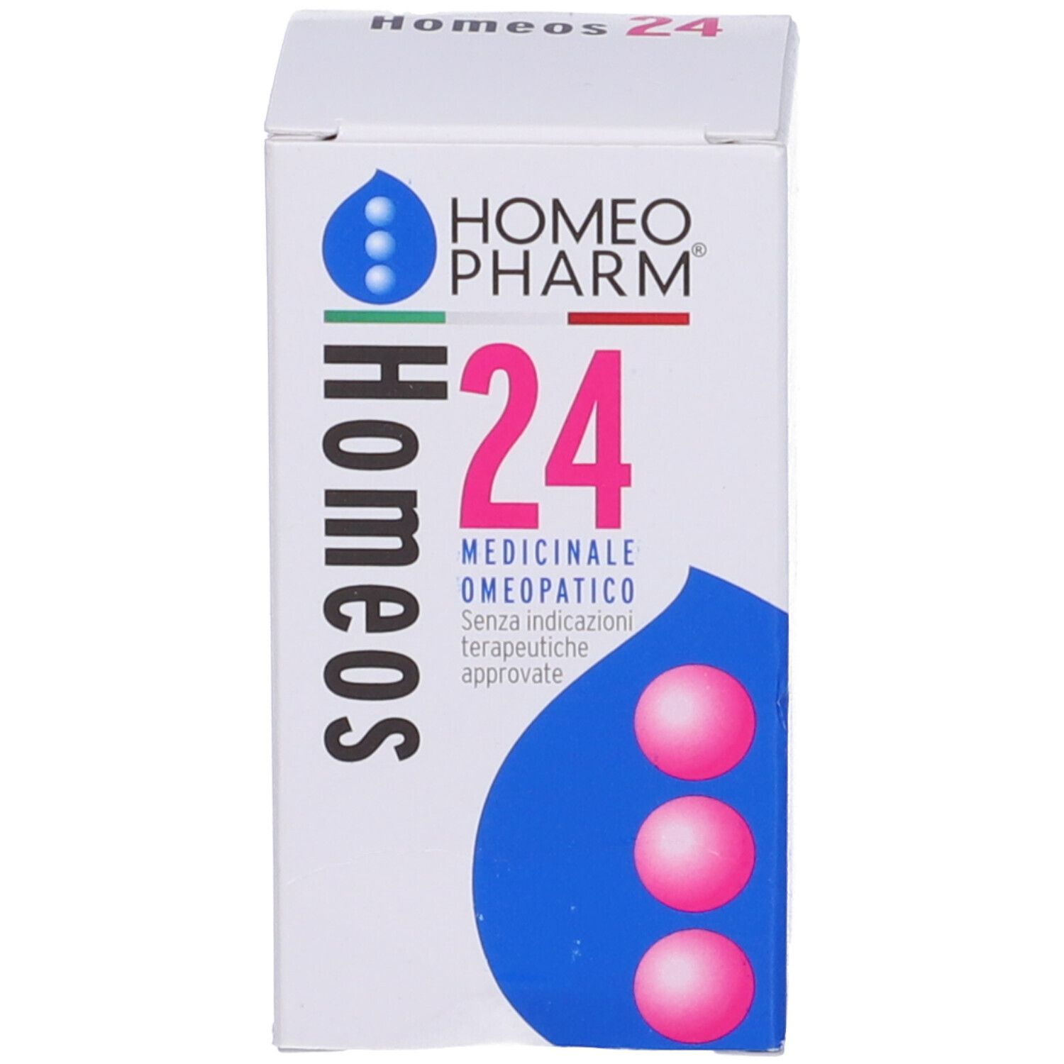 Scatola bianca con scritta rosa "24 Homeos". Loghi blu e rosa. 3 palline rosa.