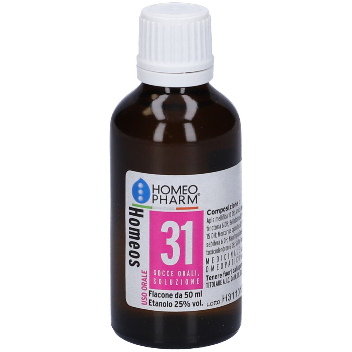 Flacone di vetro marrone con tappo bianco. Scritta: Homeos 31, Gocce orali, soluzione. Etichetta con ingredienti.