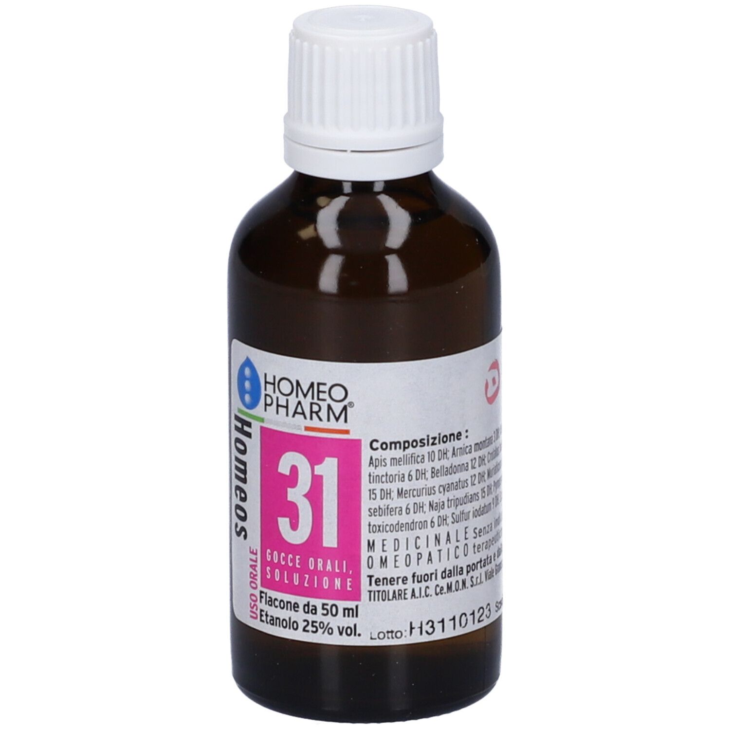 Flacone di vetro marrone con tappo bianco. Scritta: Homeos 31, Gocce orali, soluzione. Etichetta con ingredienti.